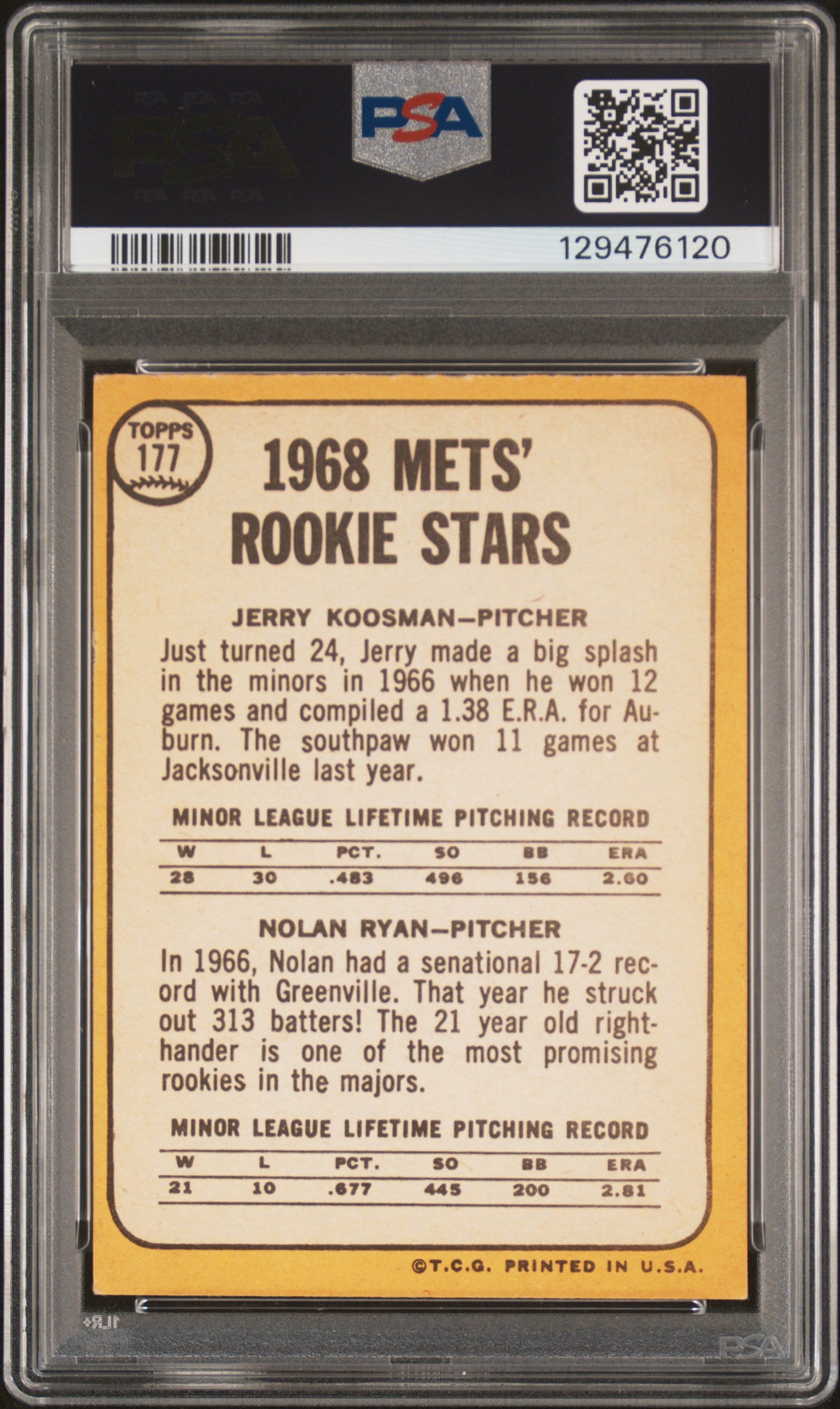 1968 Topps Mets Rookies #177 J. Koosman N. Ryan PSA 5