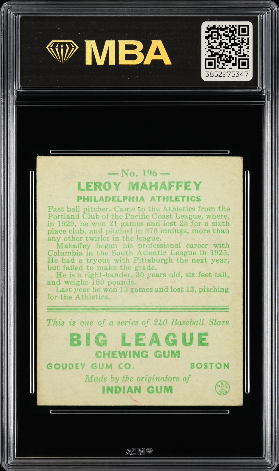 1933 Goudey Leroy Mahaffey #196 MBA 4