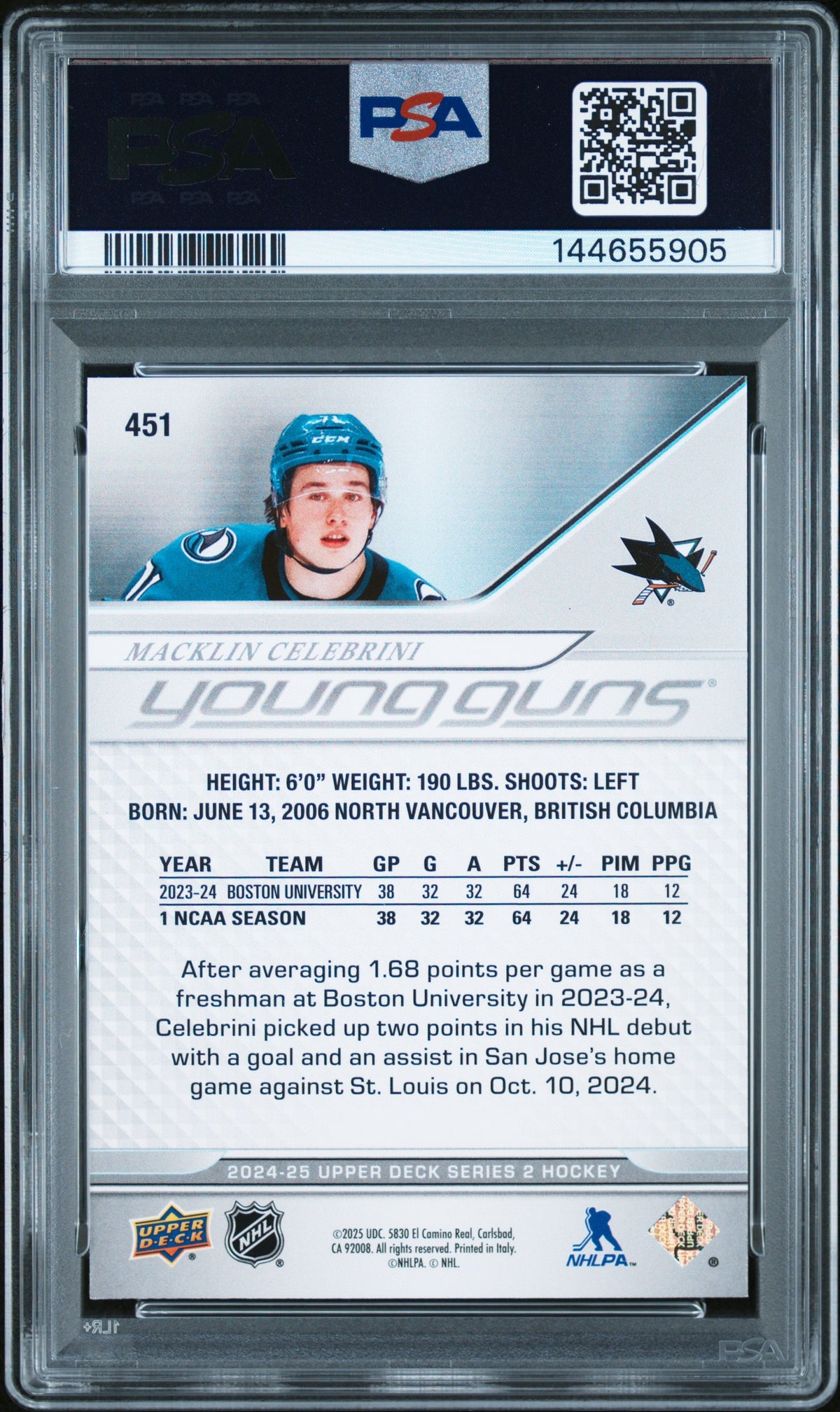 2024 Upper Deck Macklin Celebrini #451 PSA 10