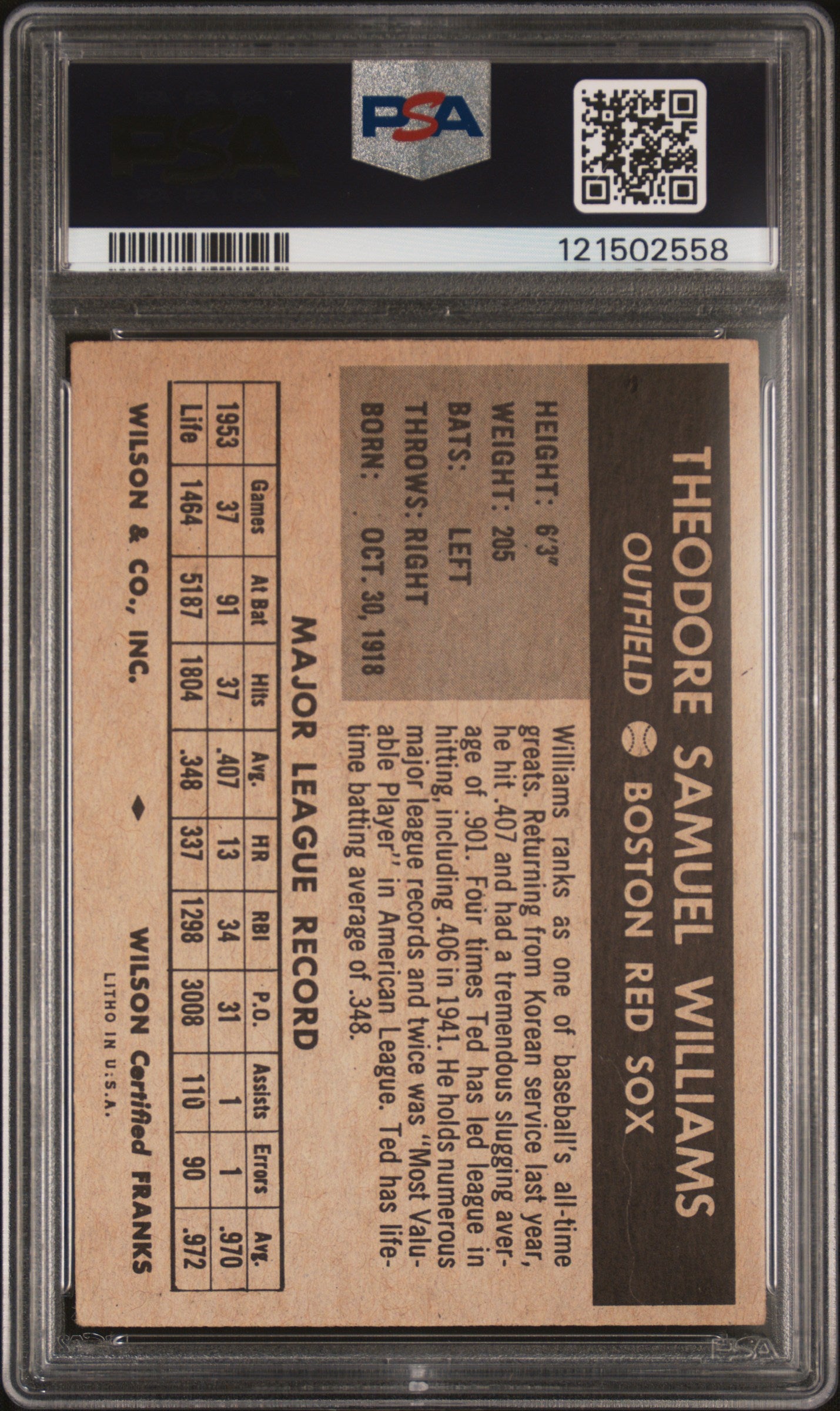 1954 Wilson Franks Ted Williams PSA 4