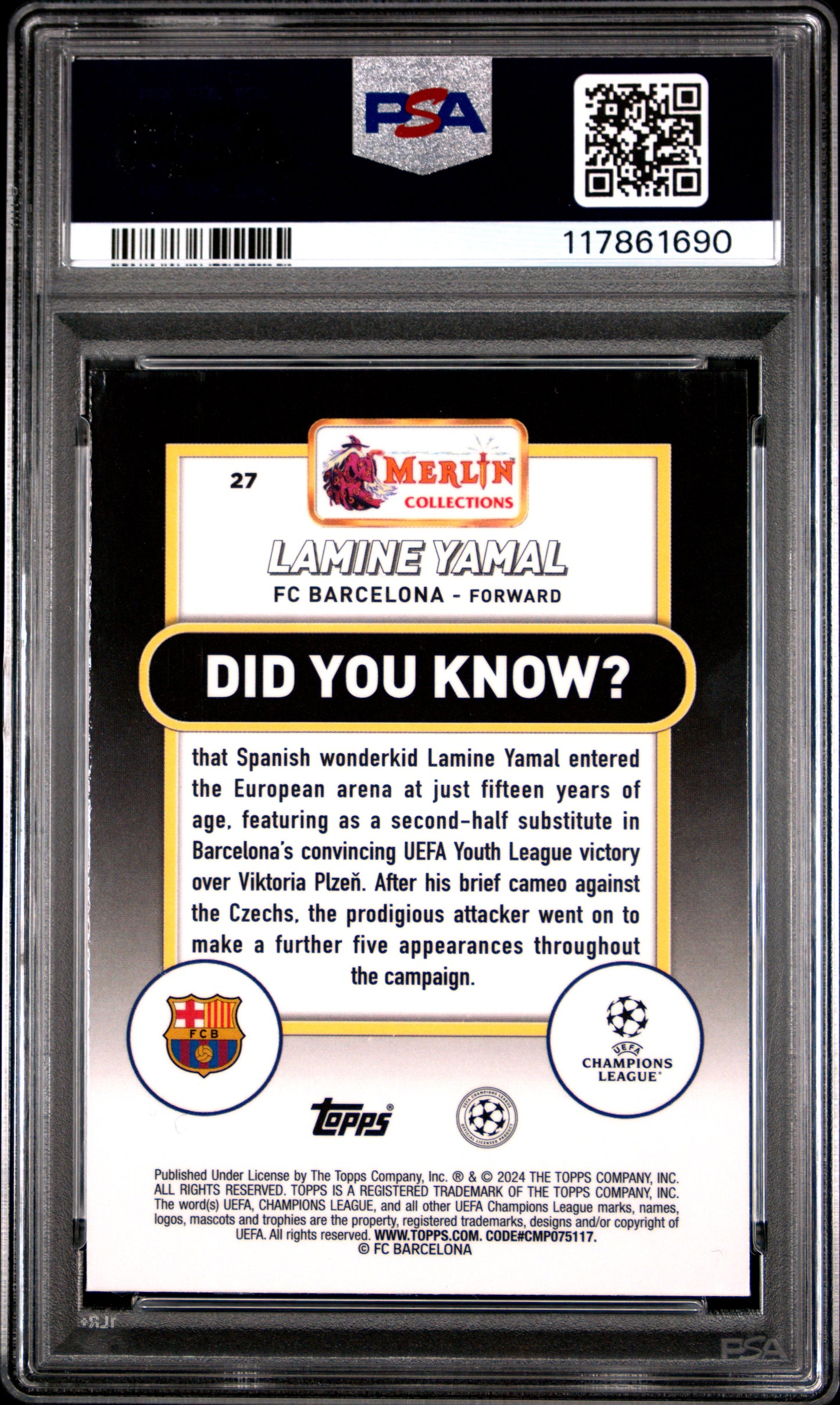2023-24 Topps Merlin UEFA Club Comp Lamine Yamal #27 Aqua Prism Refractor PSA 9
