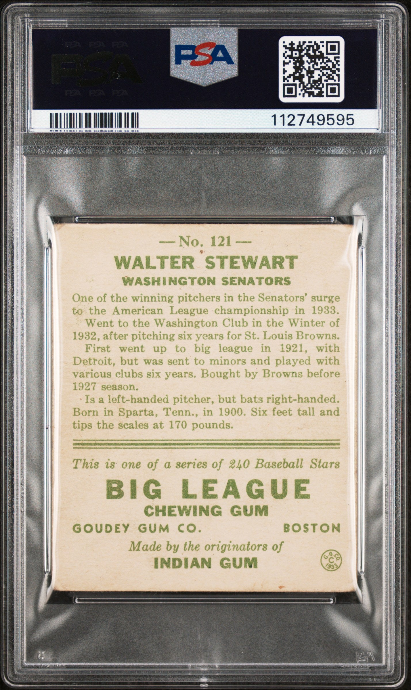 1933 Goudey Walter Stewart #121 PSA 2