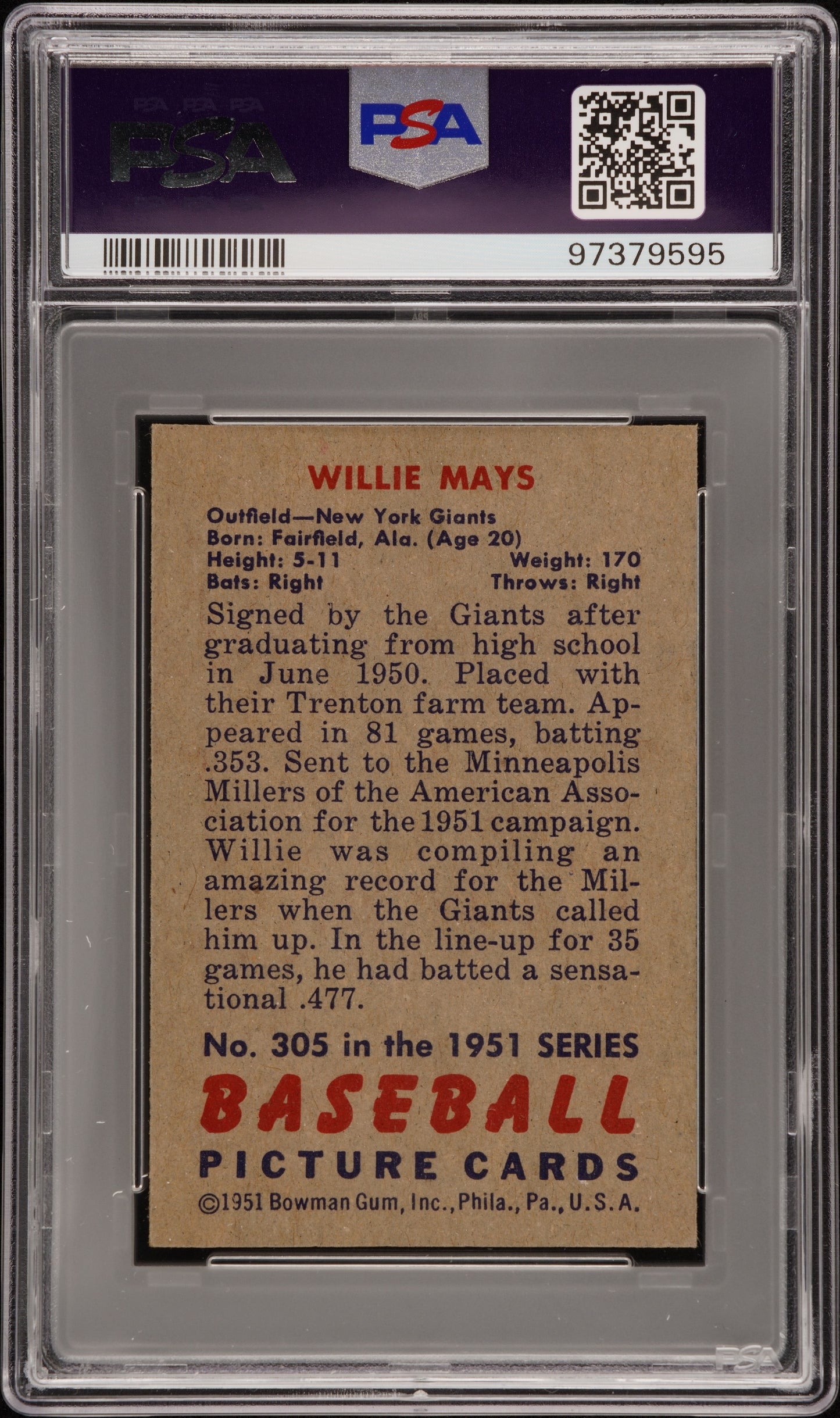 1951 Bowman Willie Mays #305 PSA 6.5
