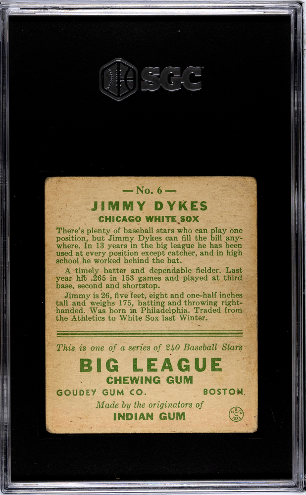 1933 Goudey Jimmy Dykes #6 Age 26 In Bio SGC 3