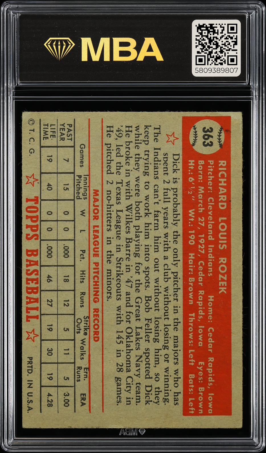 1952 Topps Dick Rozek #363 MBA 3