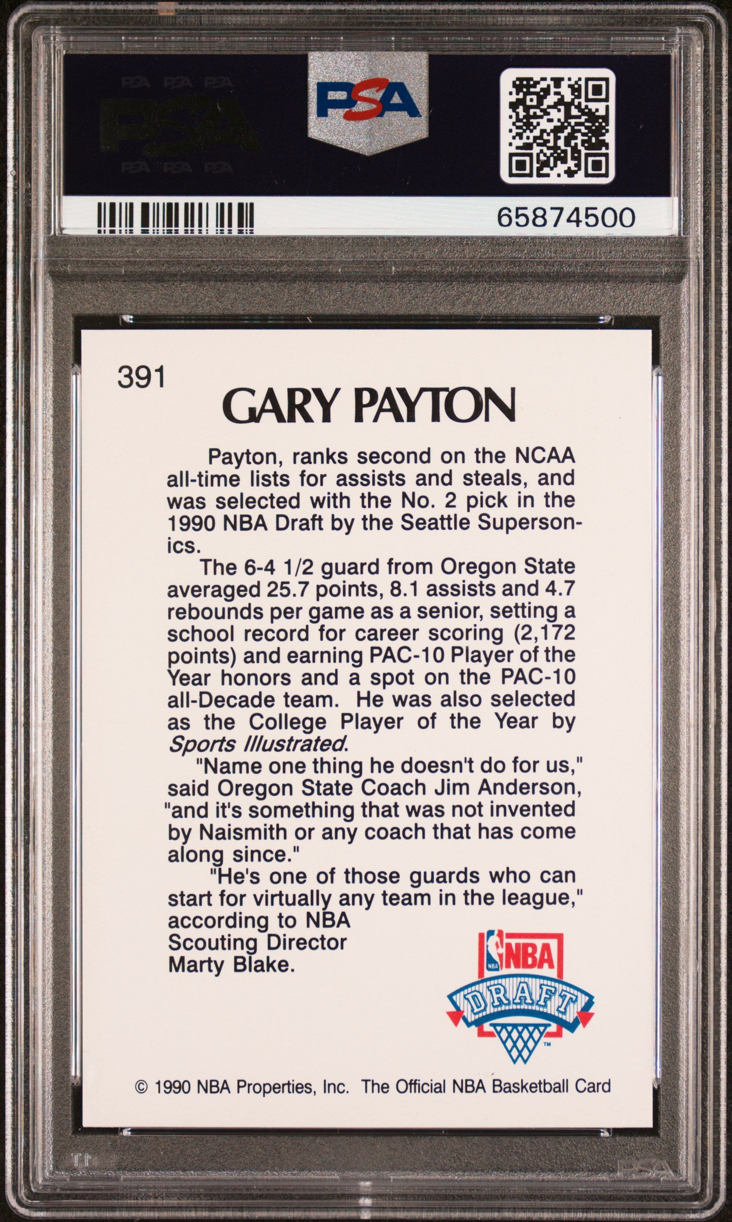 1990 Hoops Gary Payton #391 PSA 9 Auto 10