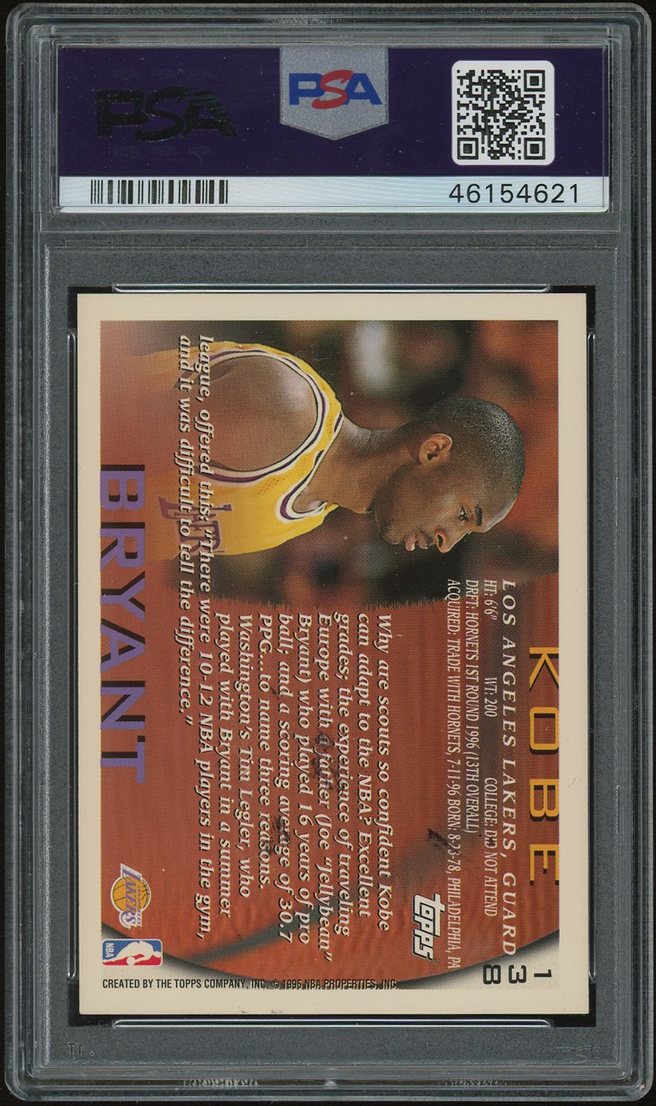 1996 Topps Kobe Bryant #138 PSA A Auto A