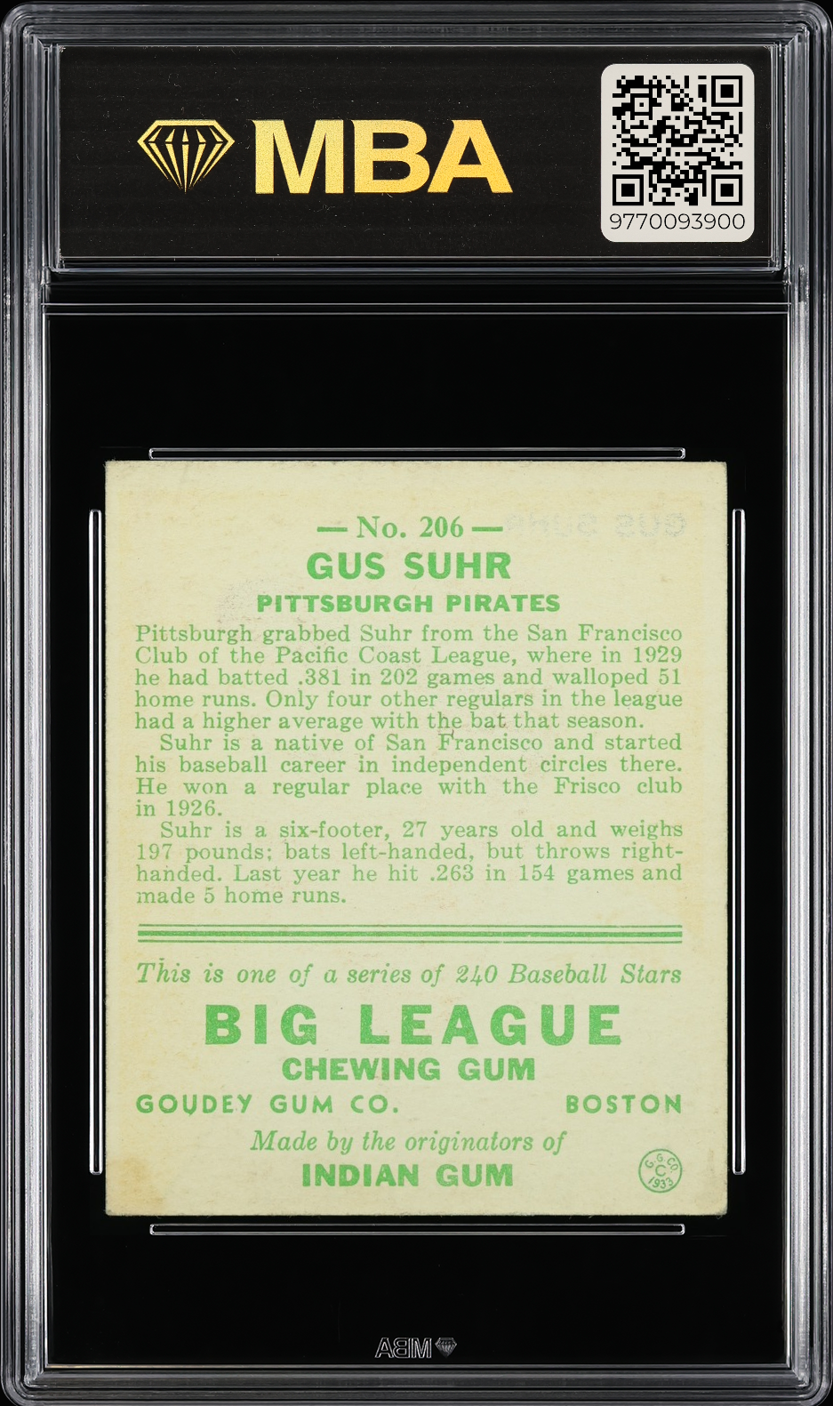1933 Goudey Gus Suhr #206 MBA 4