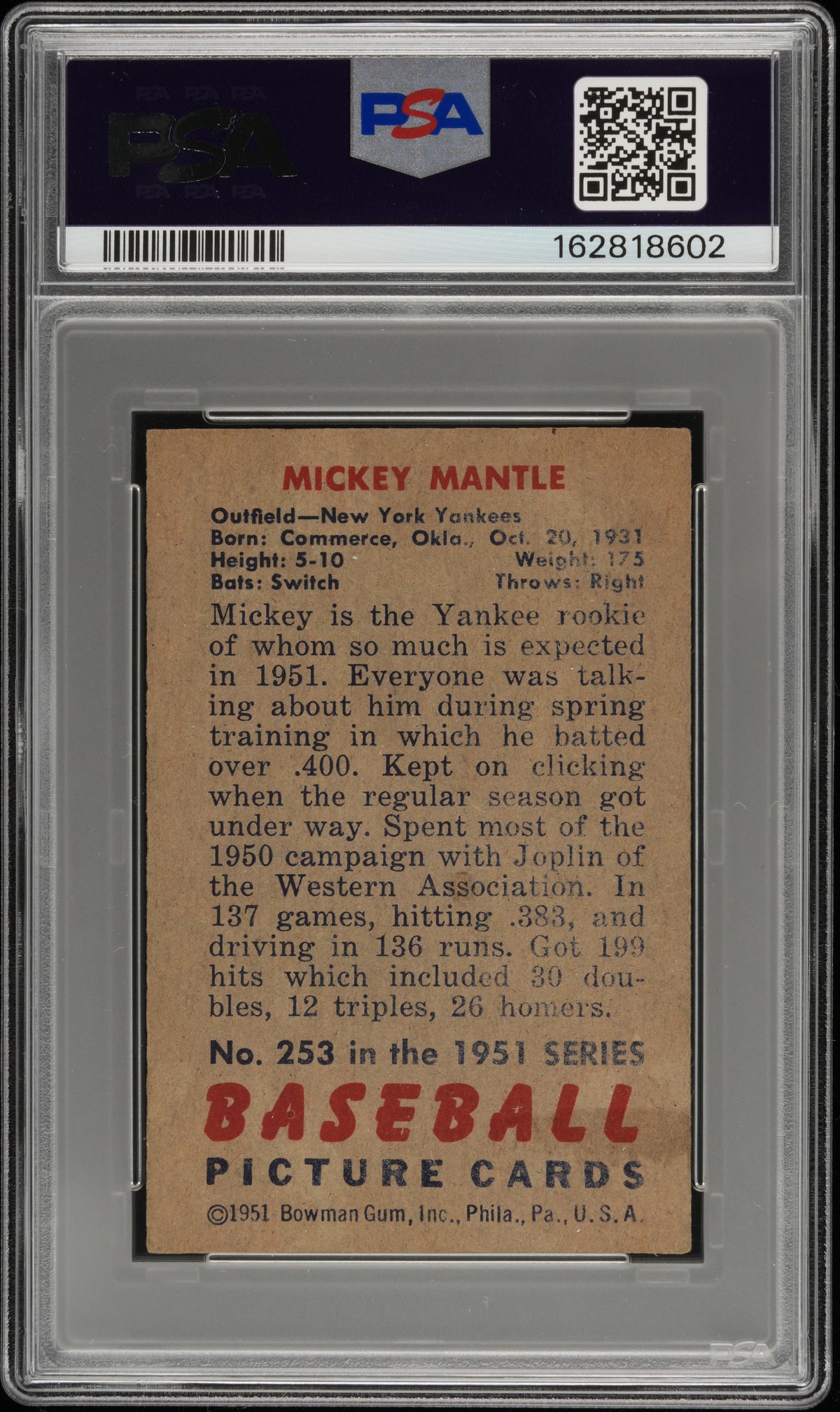 1951 Bowman Mickey Mantle #253 PSA A