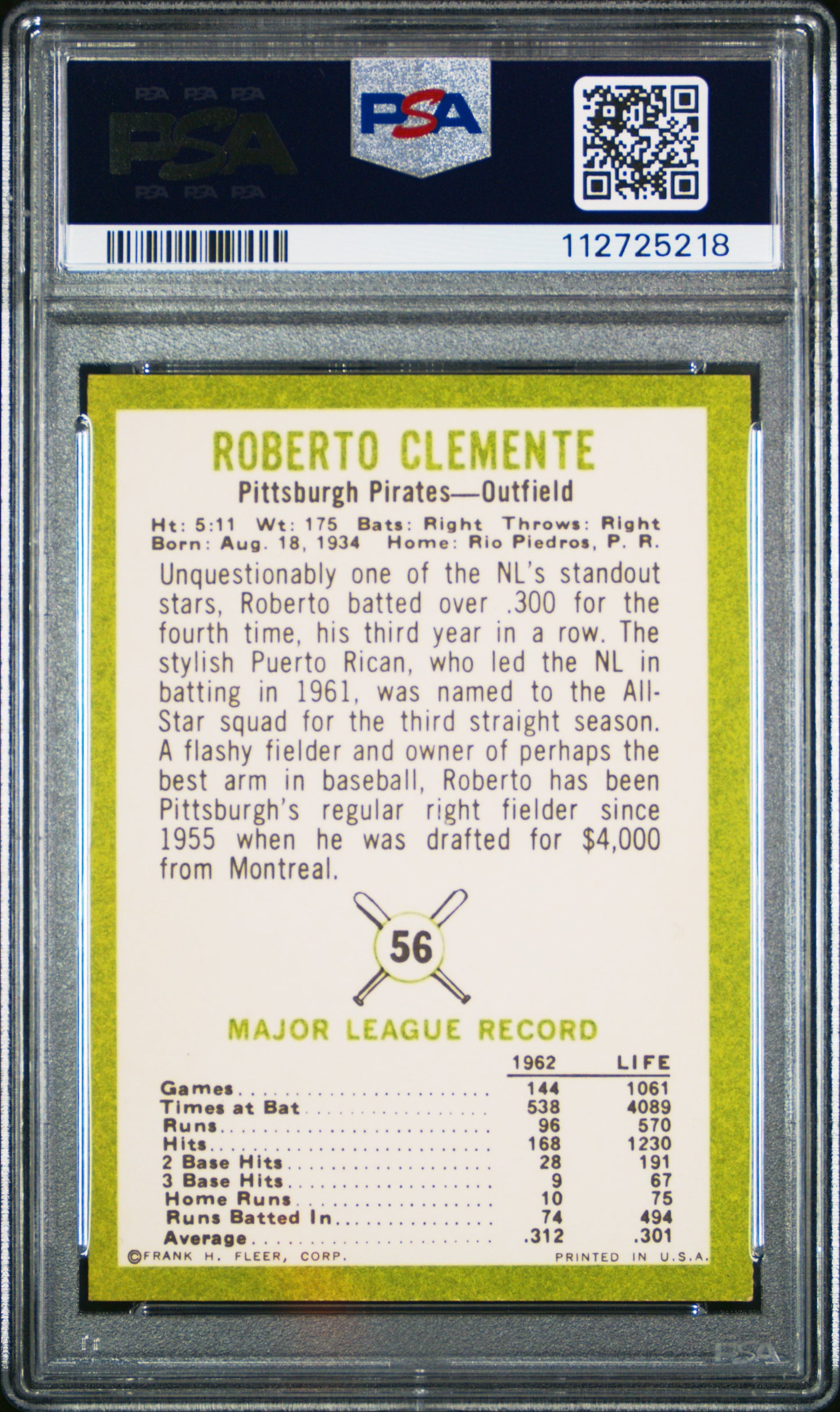 1963 Fleer Roberto Clemente #56 PSA 9