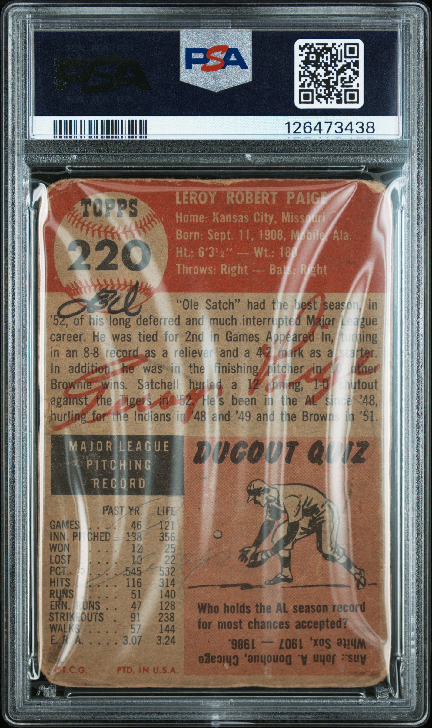 1953 Topps Satchell Paige #220 PSA A Auto A