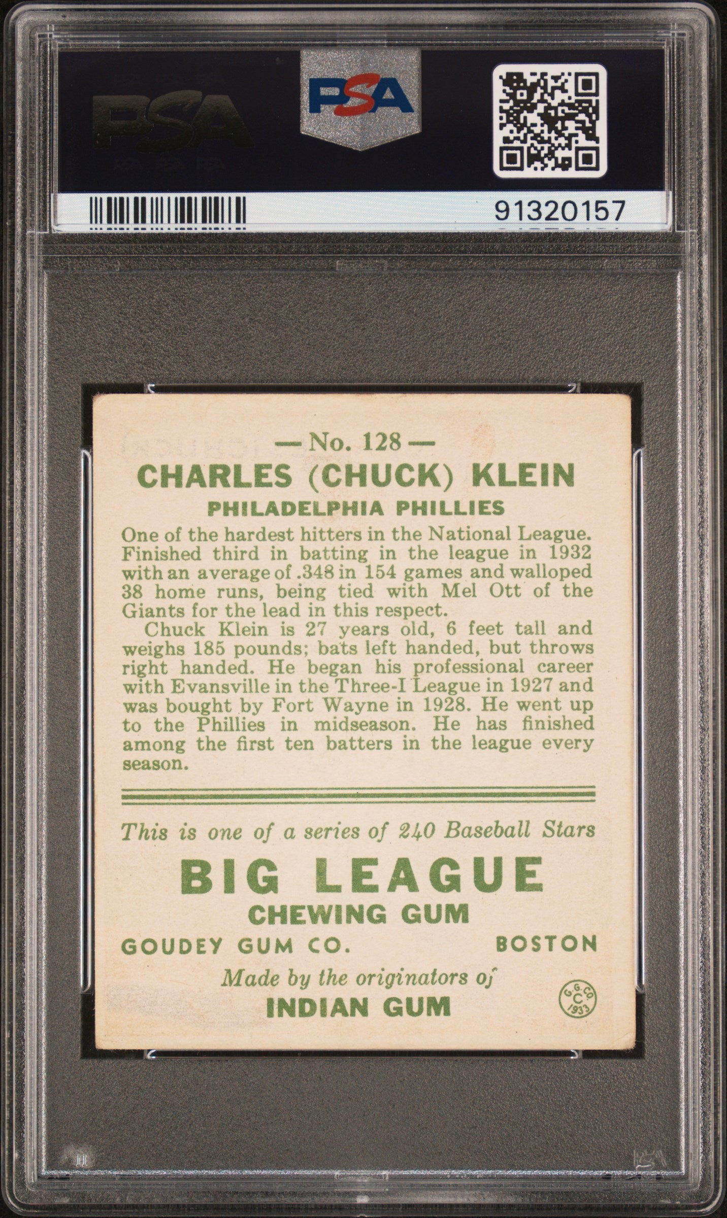 1933 Goudey Chuck Klein #128 PSA 4
