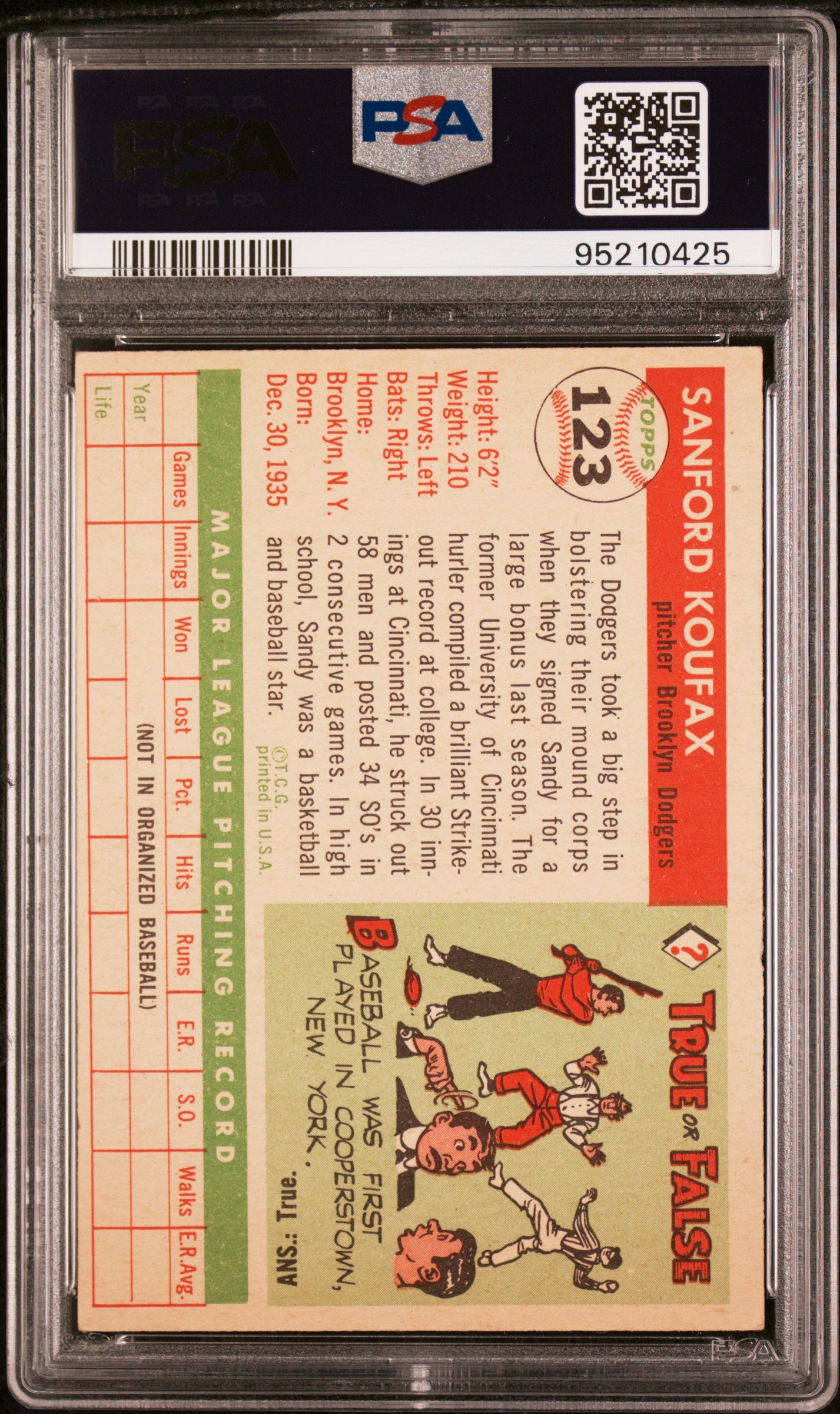 1955 Topps Sandy Koufax #123 PSA 3.5