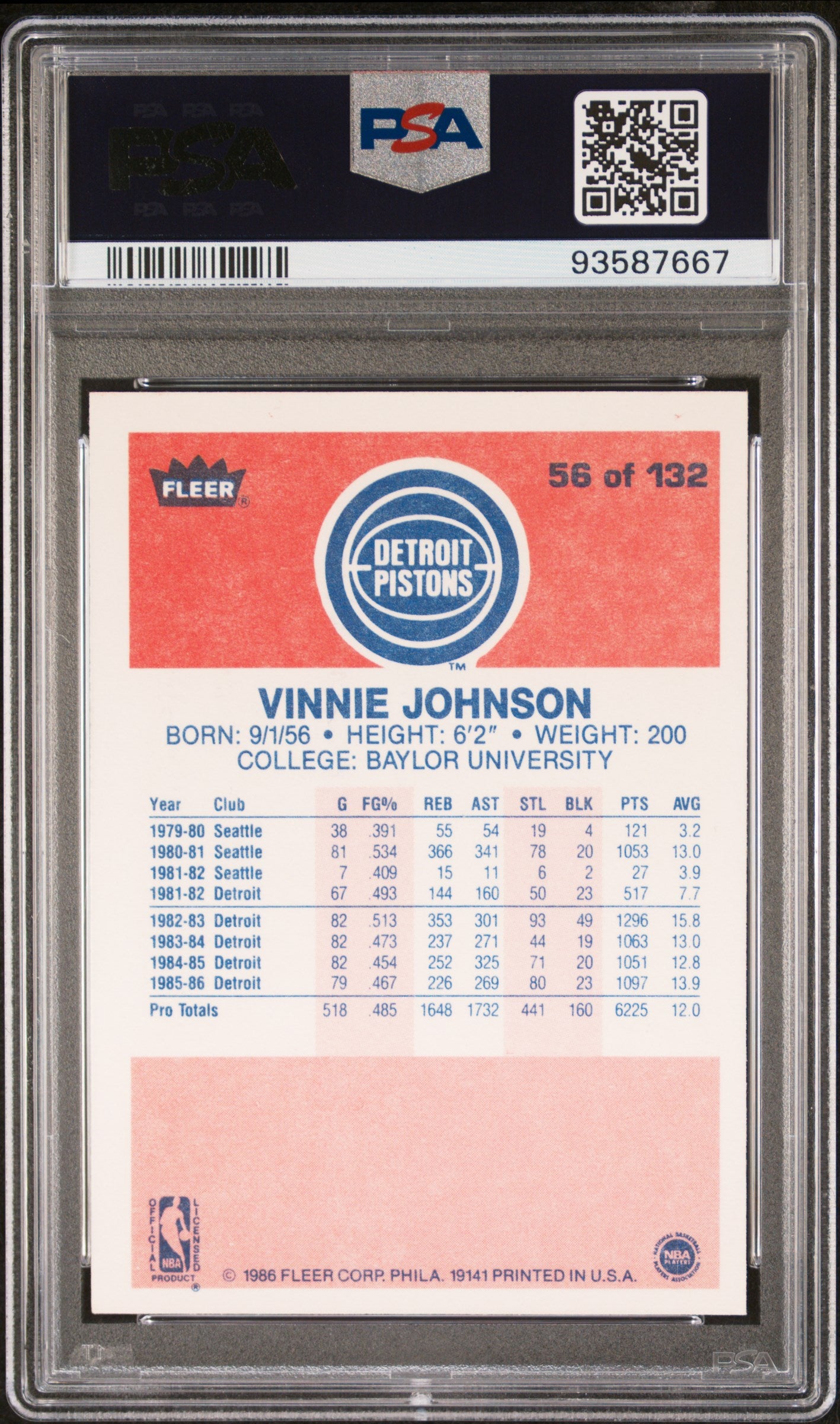 1986 Fleer Vinnie Johnson #56 PSA 8