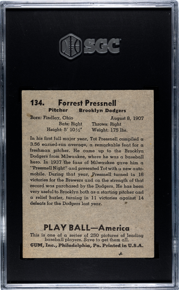 1939 Playball Forrest Pressnell #134 SGC 5