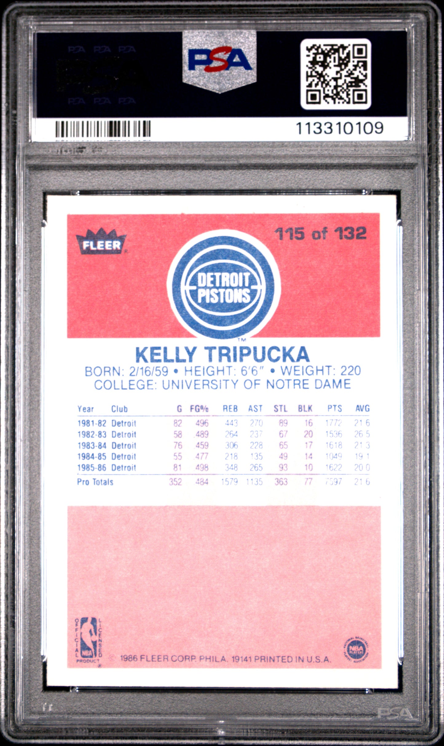 1986 Fleer Kelly Tripucka #115 PSA 9
