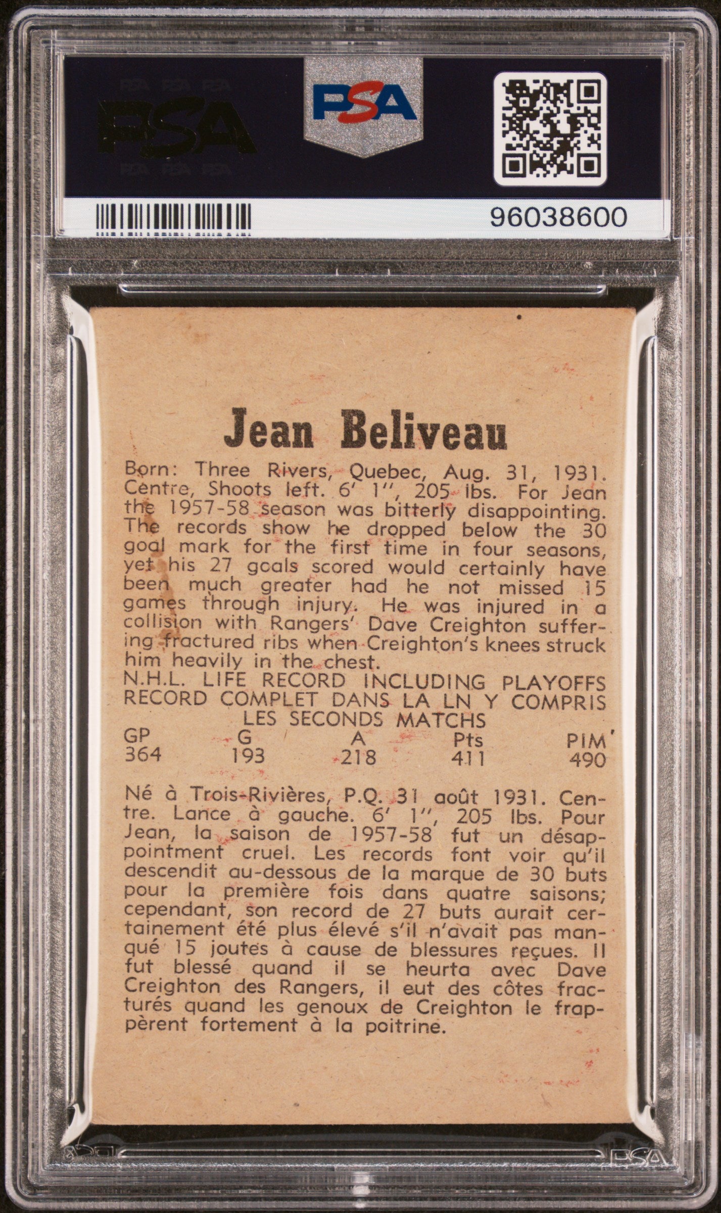 1958 Parkhurst Jean Beliveau #34 PSA 2