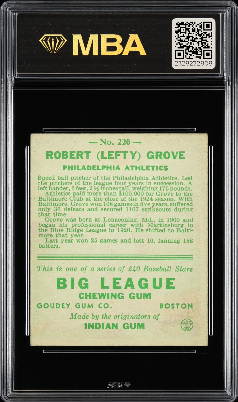 1933 Goudey Robert (Lefty) Grove #220 MBA 2 RC