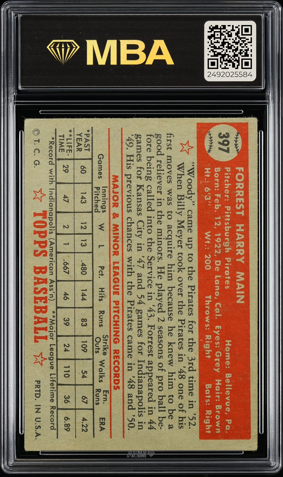 1952 Topps Forrest Main #397 MBA 2