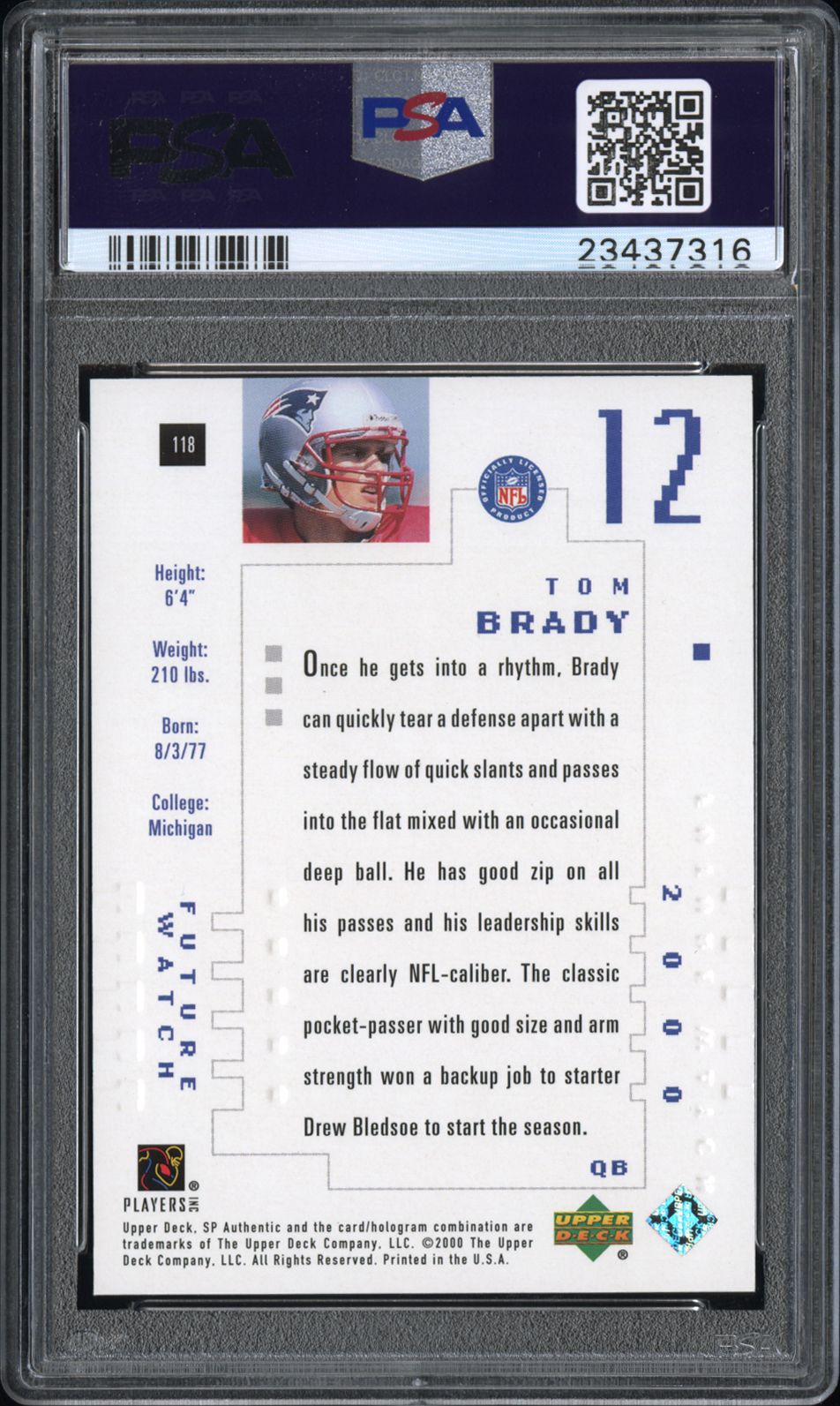 2000 SP Authentic Tom Brady #118 PSA 10 0160/1250