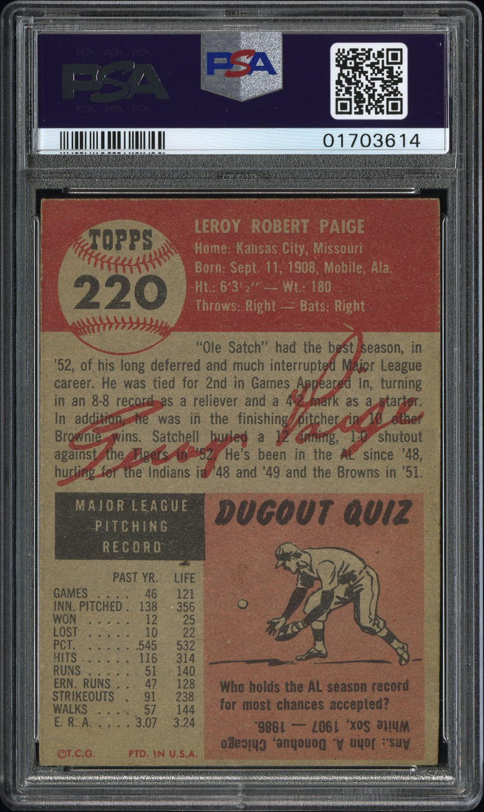1953 Topps Satchell Paige #220 PSA 8