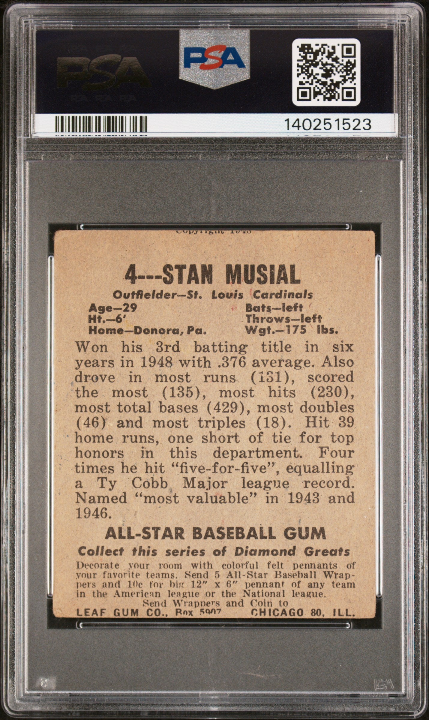 1948 Leaf Stan Musial #4 PSA 3 MC