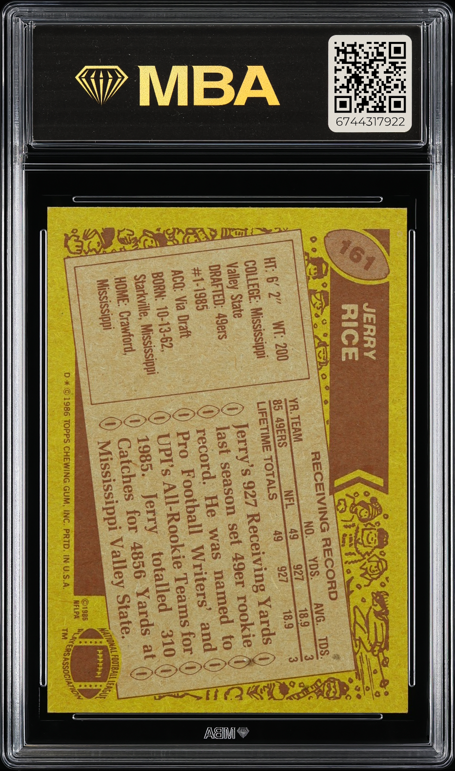 1986 Topps Jerry Rice #161 MBA 6 RC