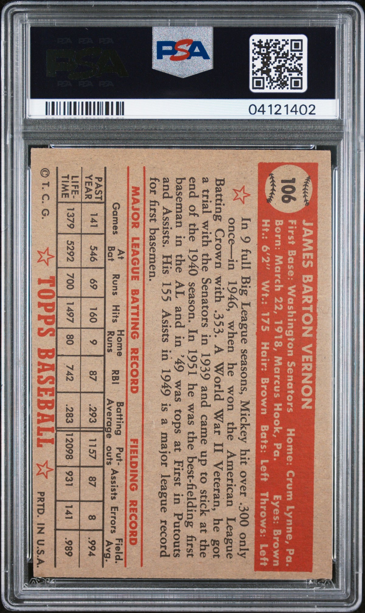 1952 Topps Mickey Vernon #106 PSA 7