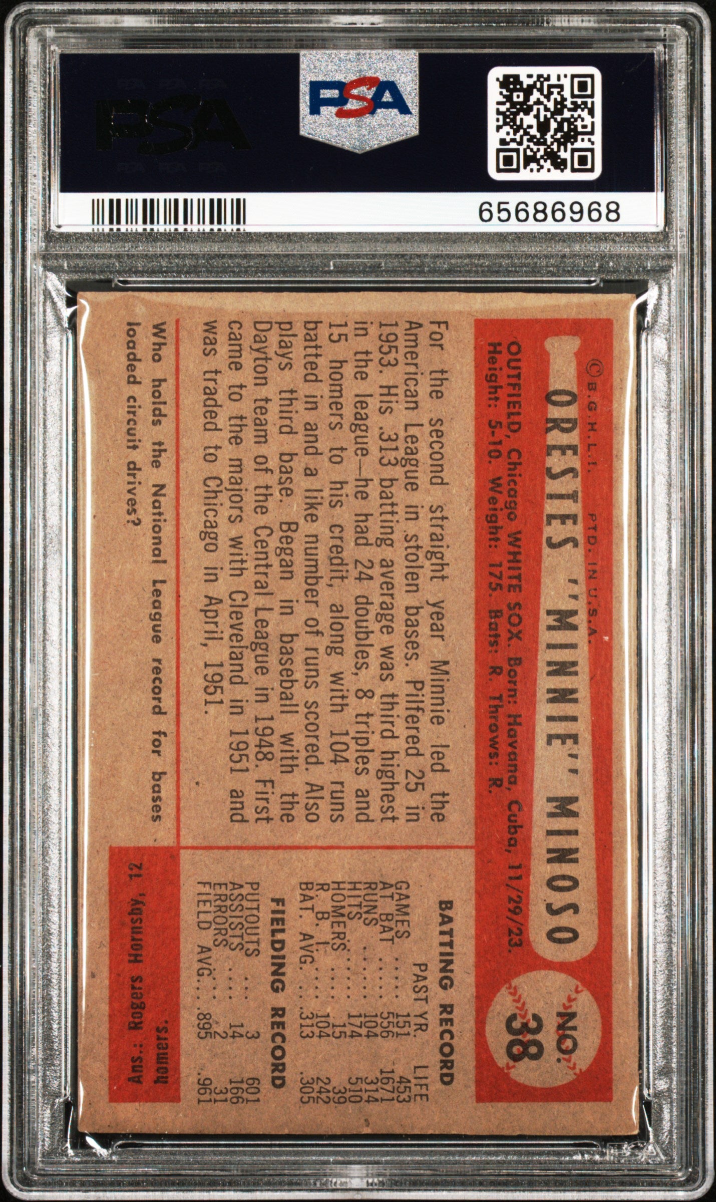 1954 Bowman Minnie Minoso #38. 895. 961 Field Avg. PSA 8
