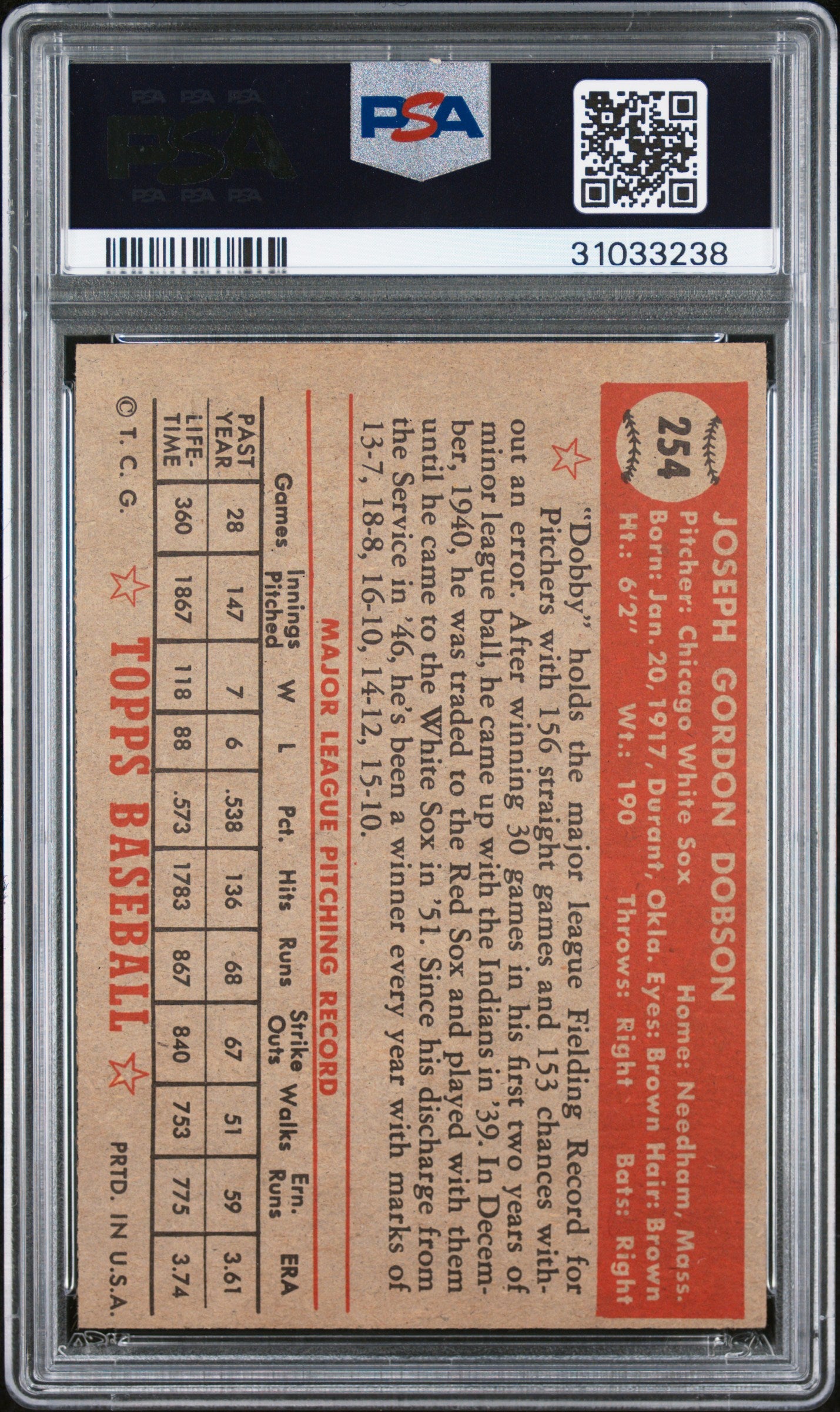 1952 Topps Joe Dobson #254 PSA 7