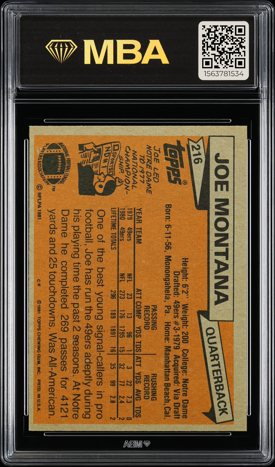 1981 Topps Joe Montana #216 MBA 7 RC