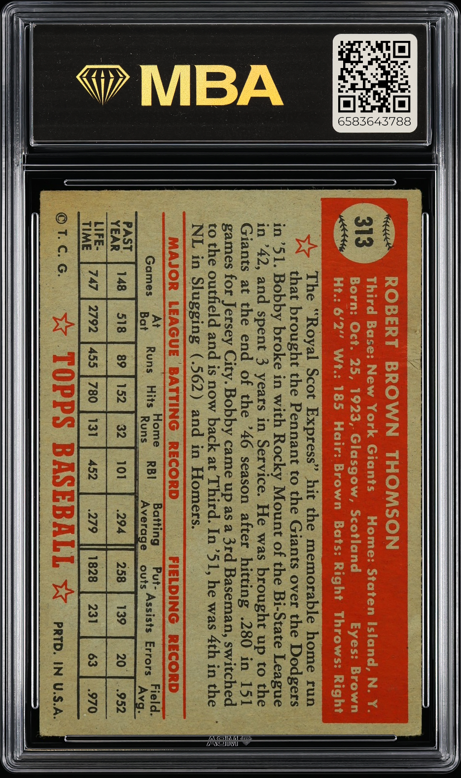 1952 Topps Bobby Thomson #313 MBA 1