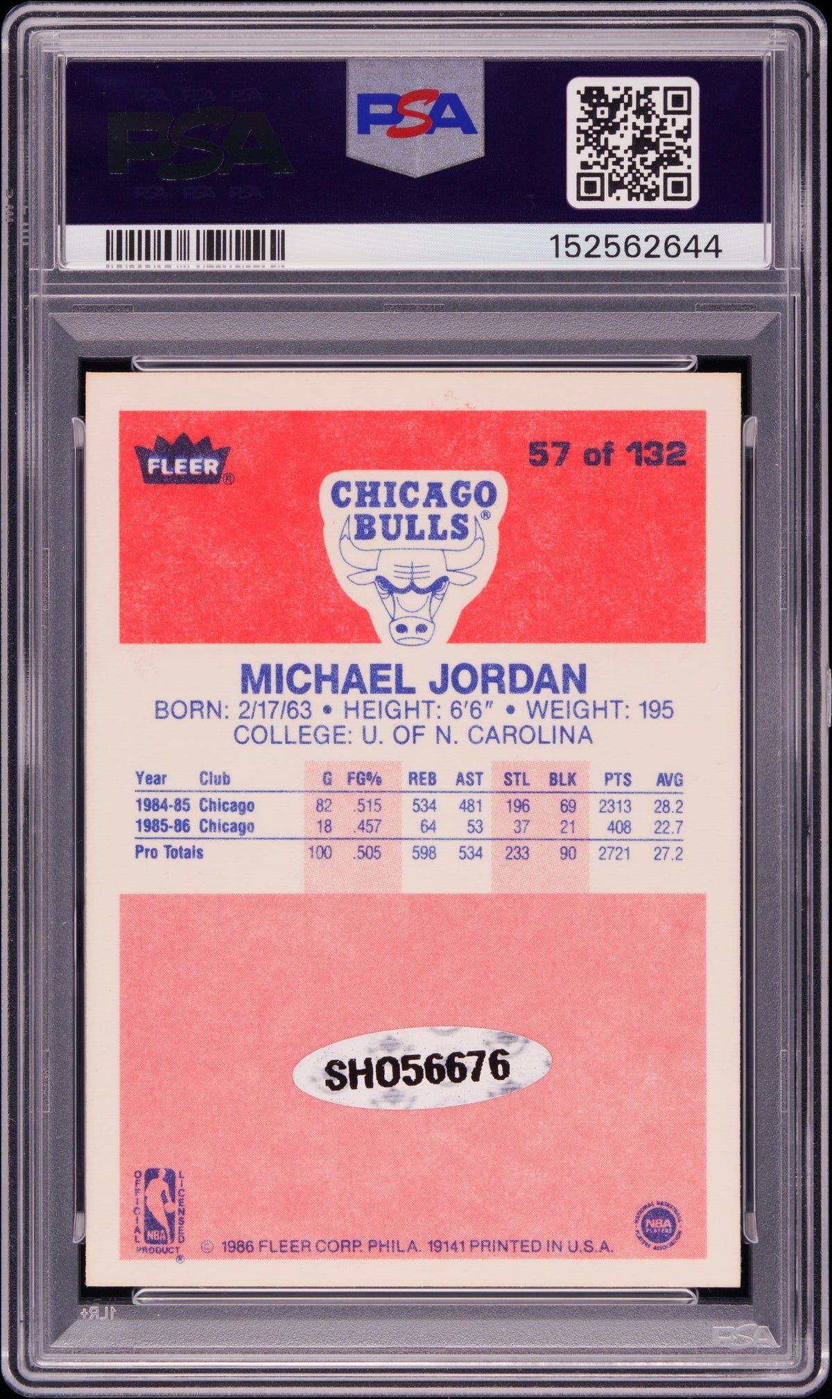 1986 Fleer Michael Jordan #57 PSA 6 Auto A