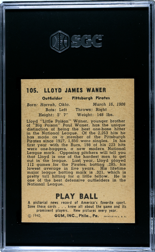 1940 Playball Lloyd Waner #105 SGC 4