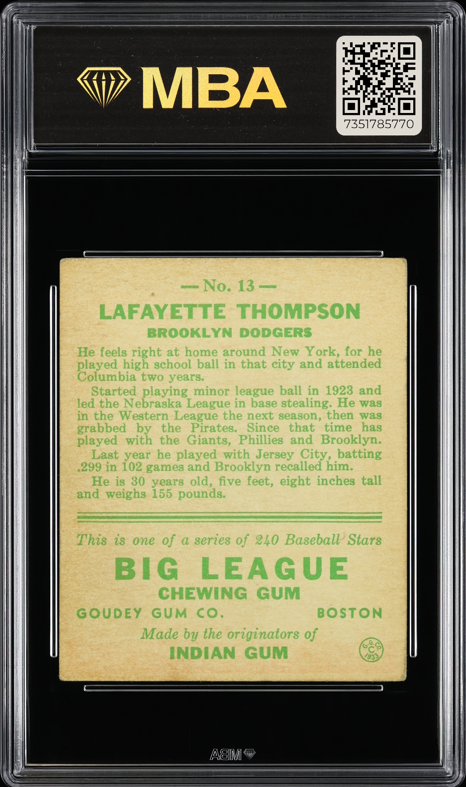 1933 Goudey Lafayette Thompson #13 MBA 3