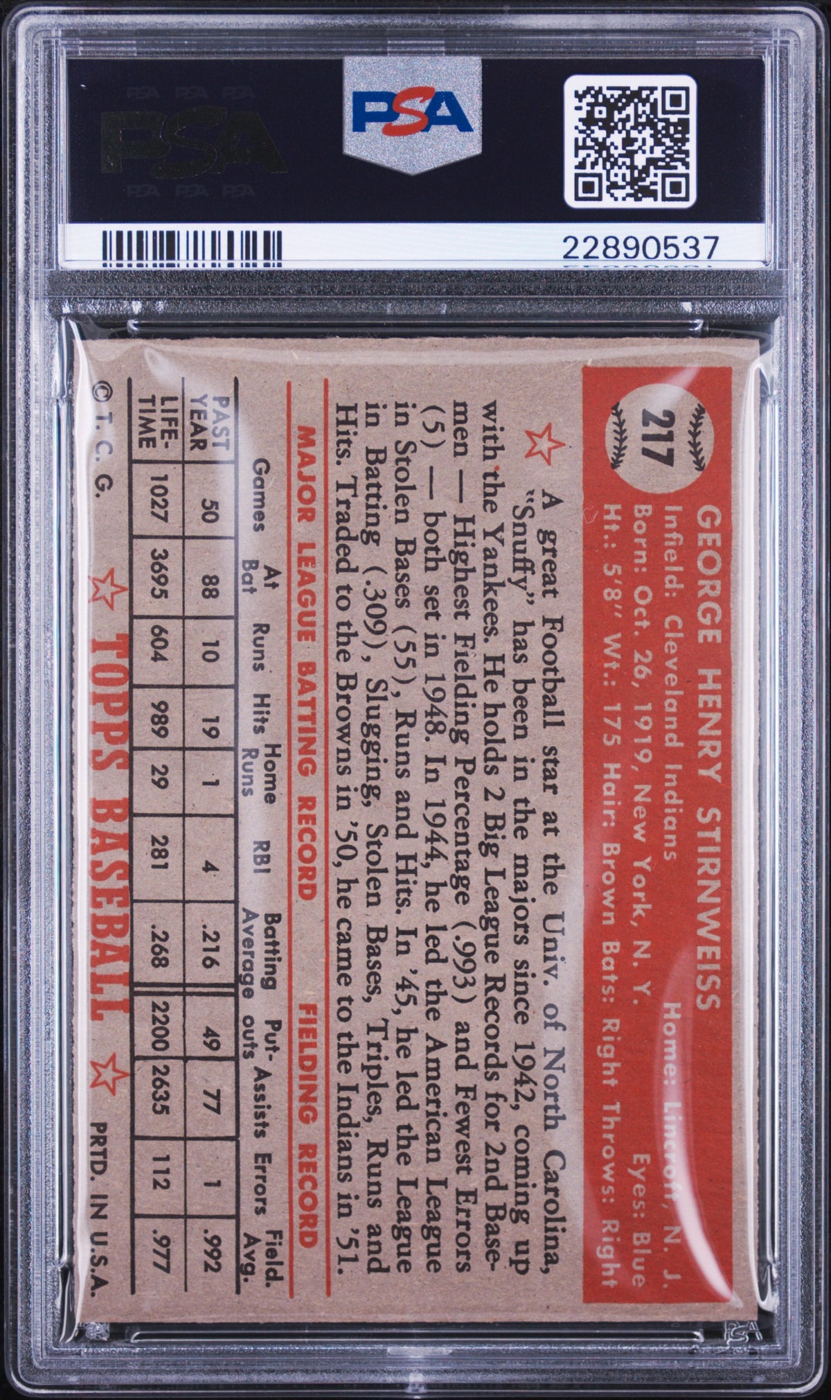 1952 Topps George Stirnweiss #217 PSA 7