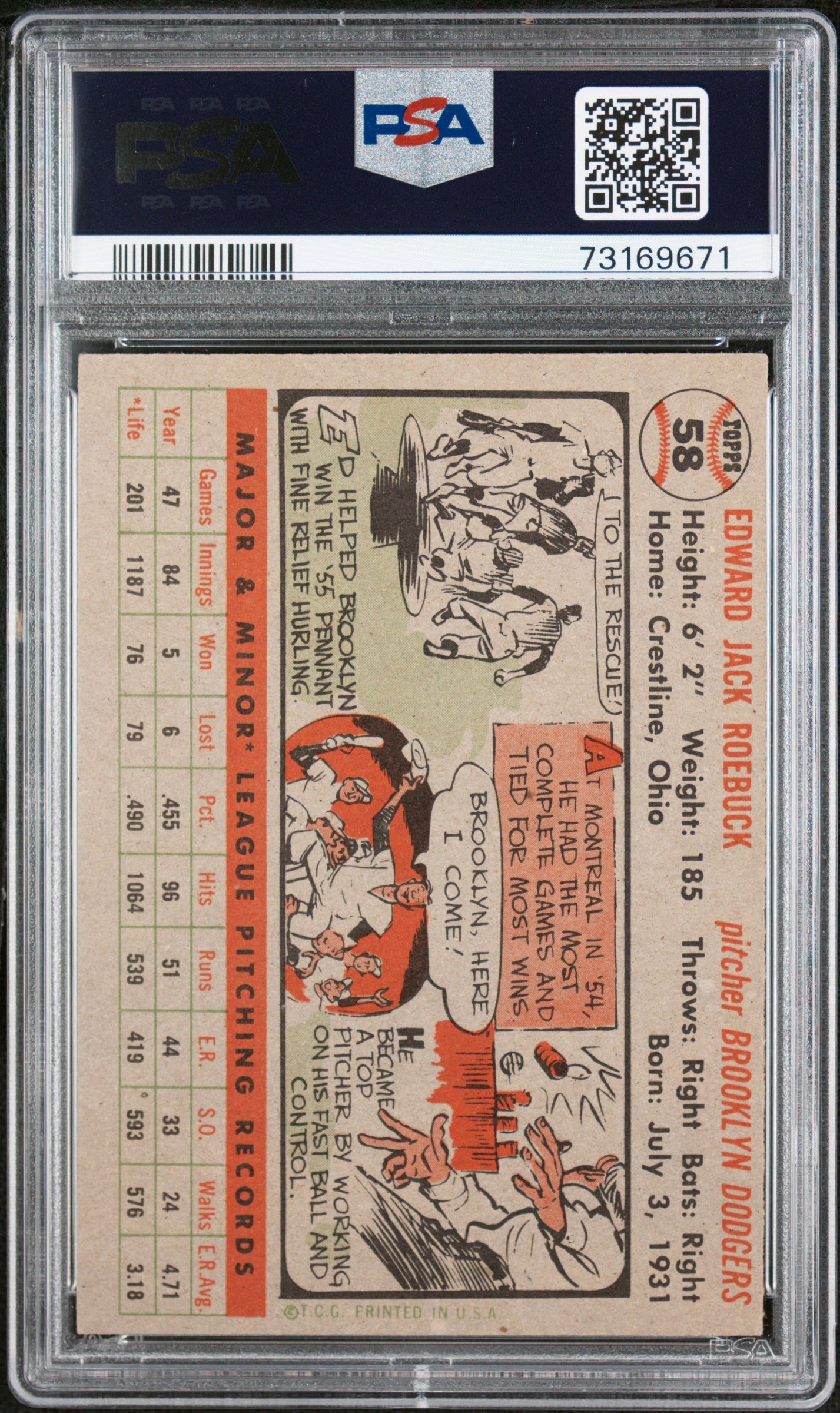 1956 Topps Ed Roebuck #58 Gray Back PSA 7