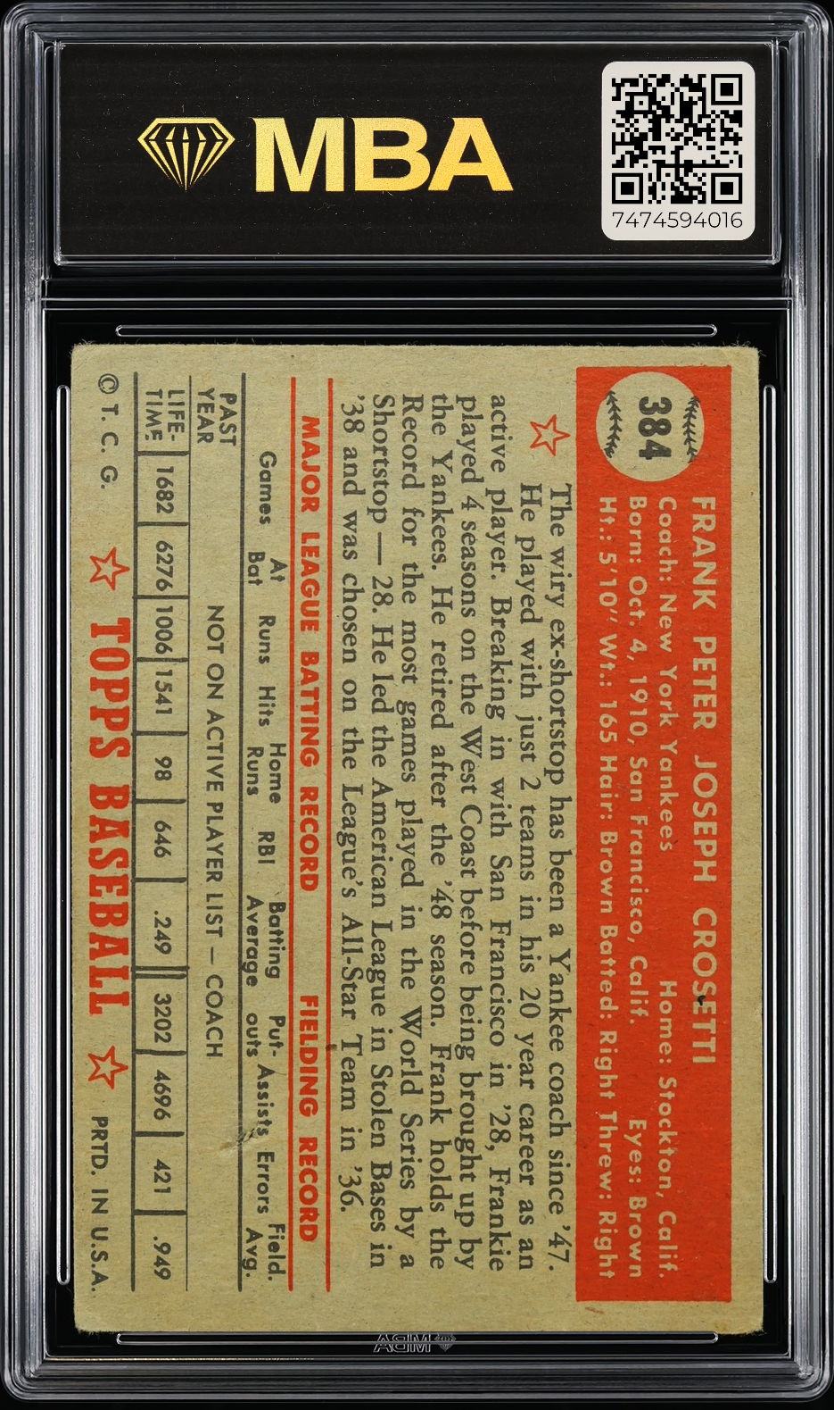 1952 Topps Frank Crosetti #384 MBA 1