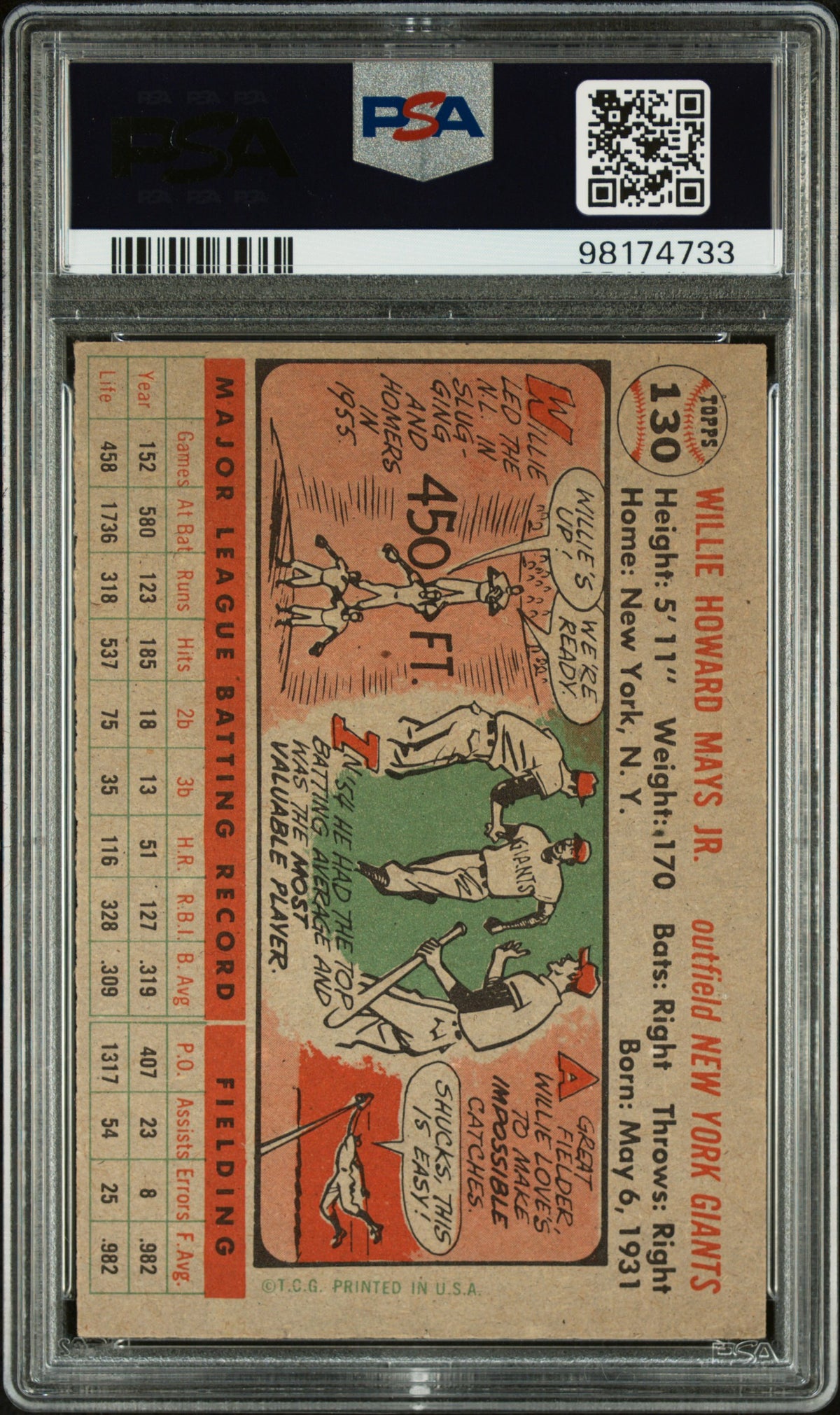 1956 Topps Willie Mays #130 Gray Back PSA 6