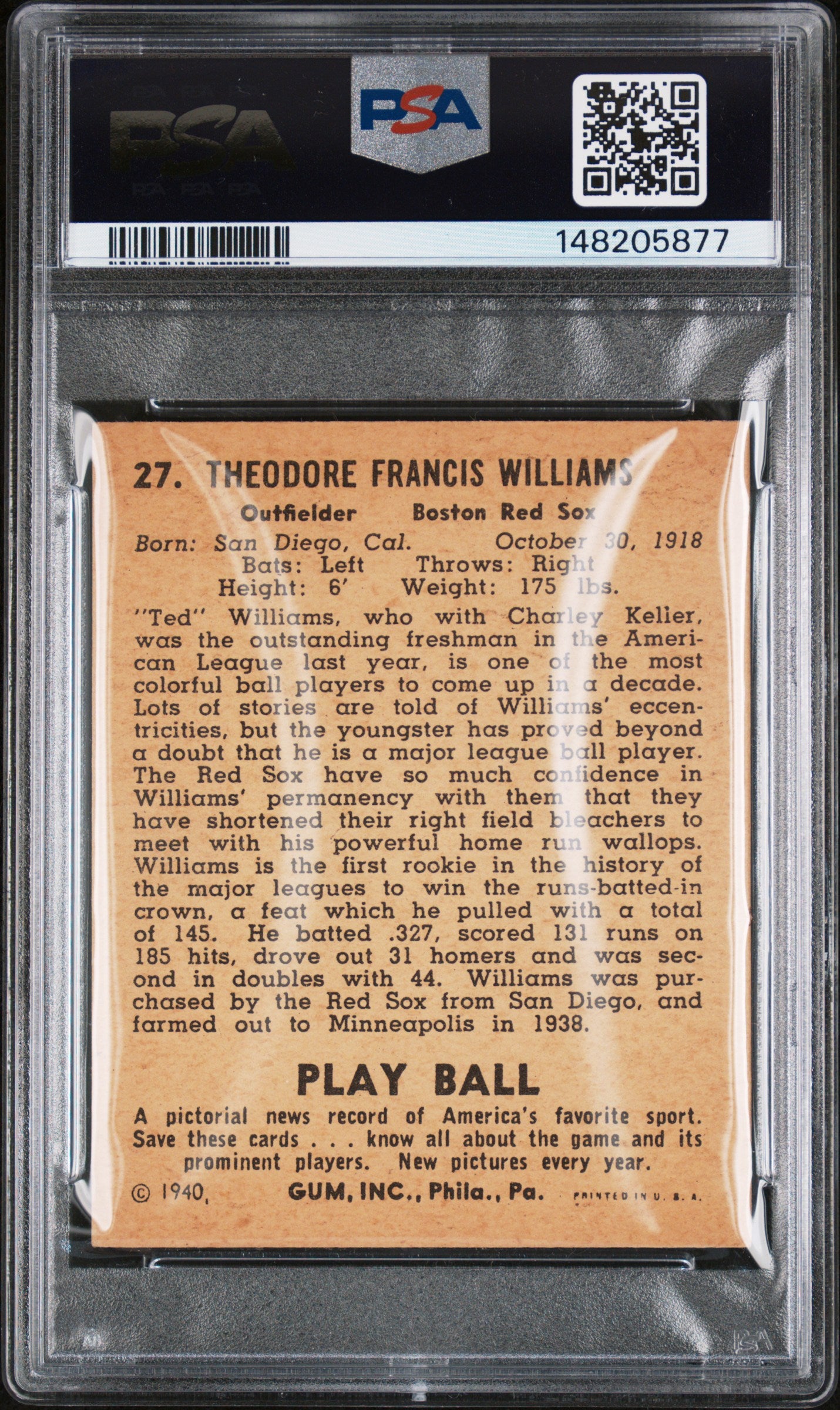1940 Play Ball Ted Williams #27 PSA 4.5