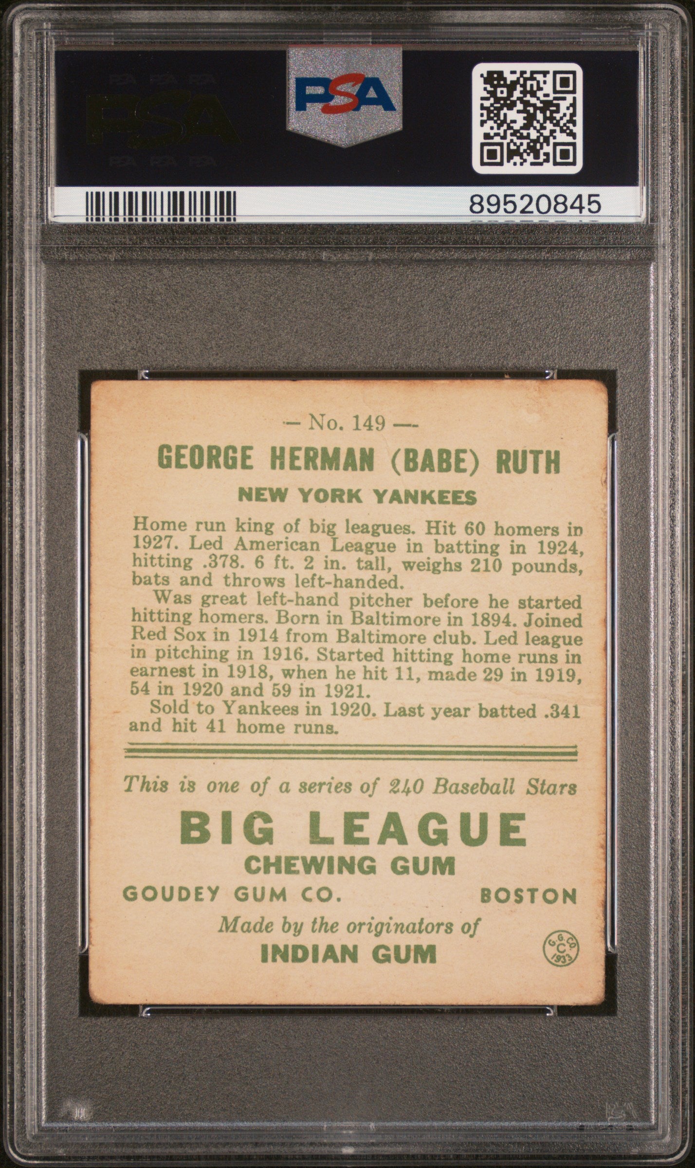 1933 Goudey Babe Ruth #149 PSA 2