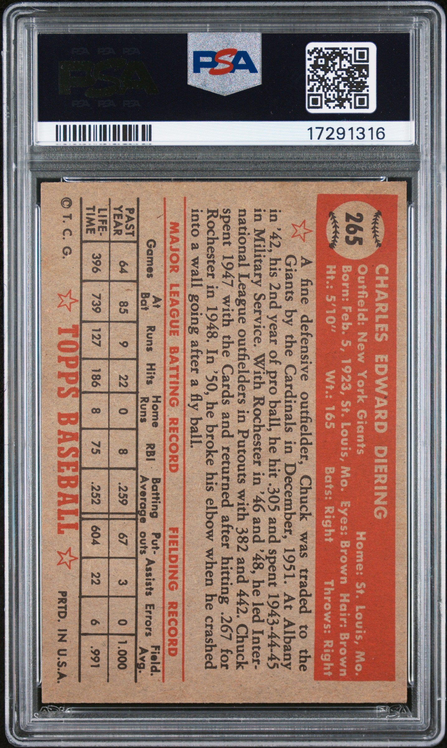 1952 Topps Chuck Diering #265 PSA 7