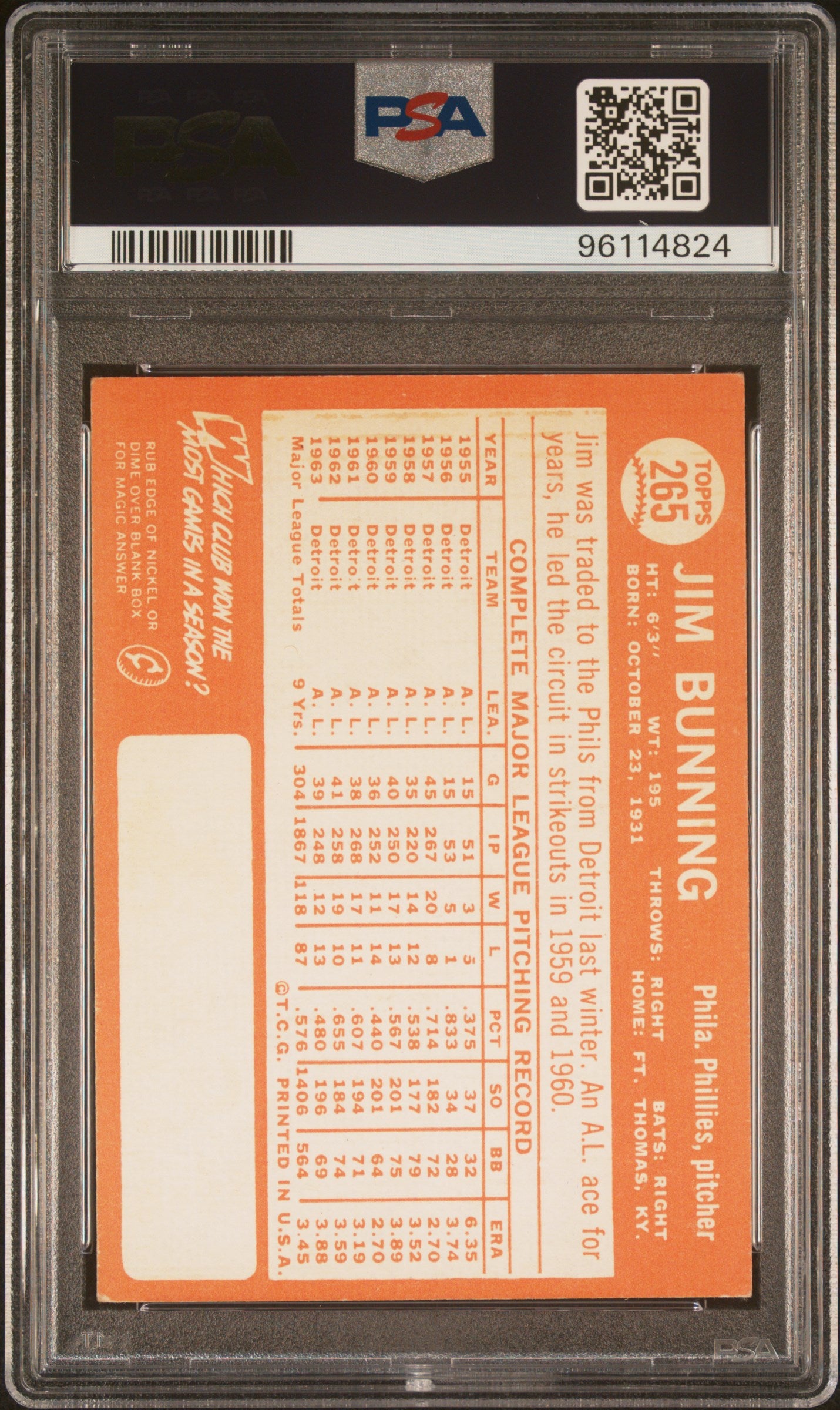 1964 Topps Jim Bunning #265 PSA 3 Auto 9