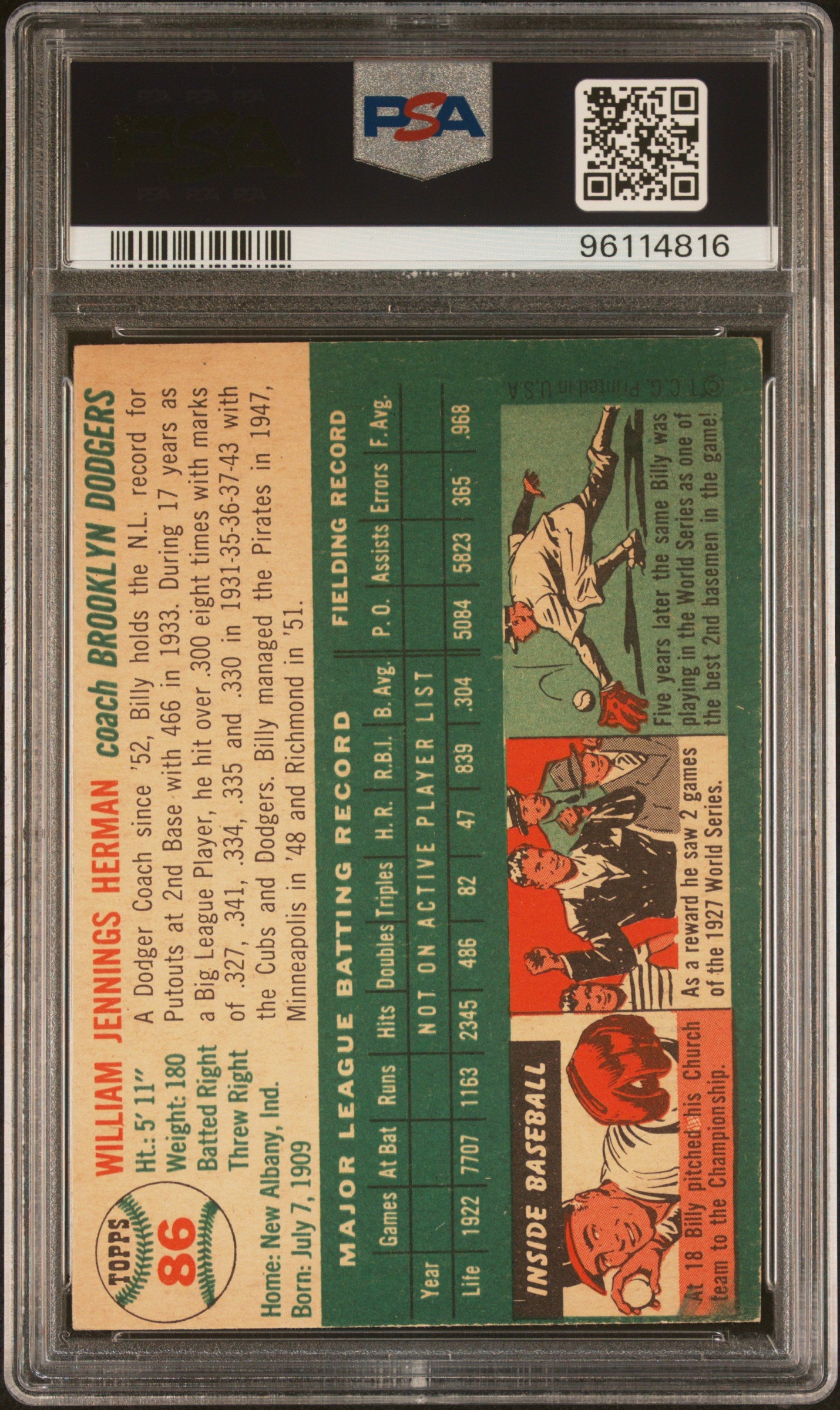 1954 Topps Billy Herman #86 PSA 5 Auto 10