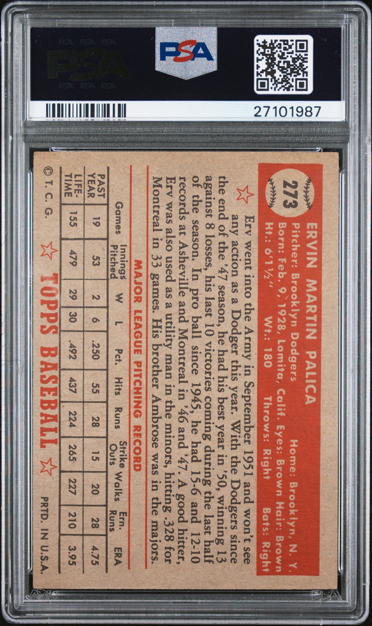 1952 Topps Erv Palica #273 PSA 7