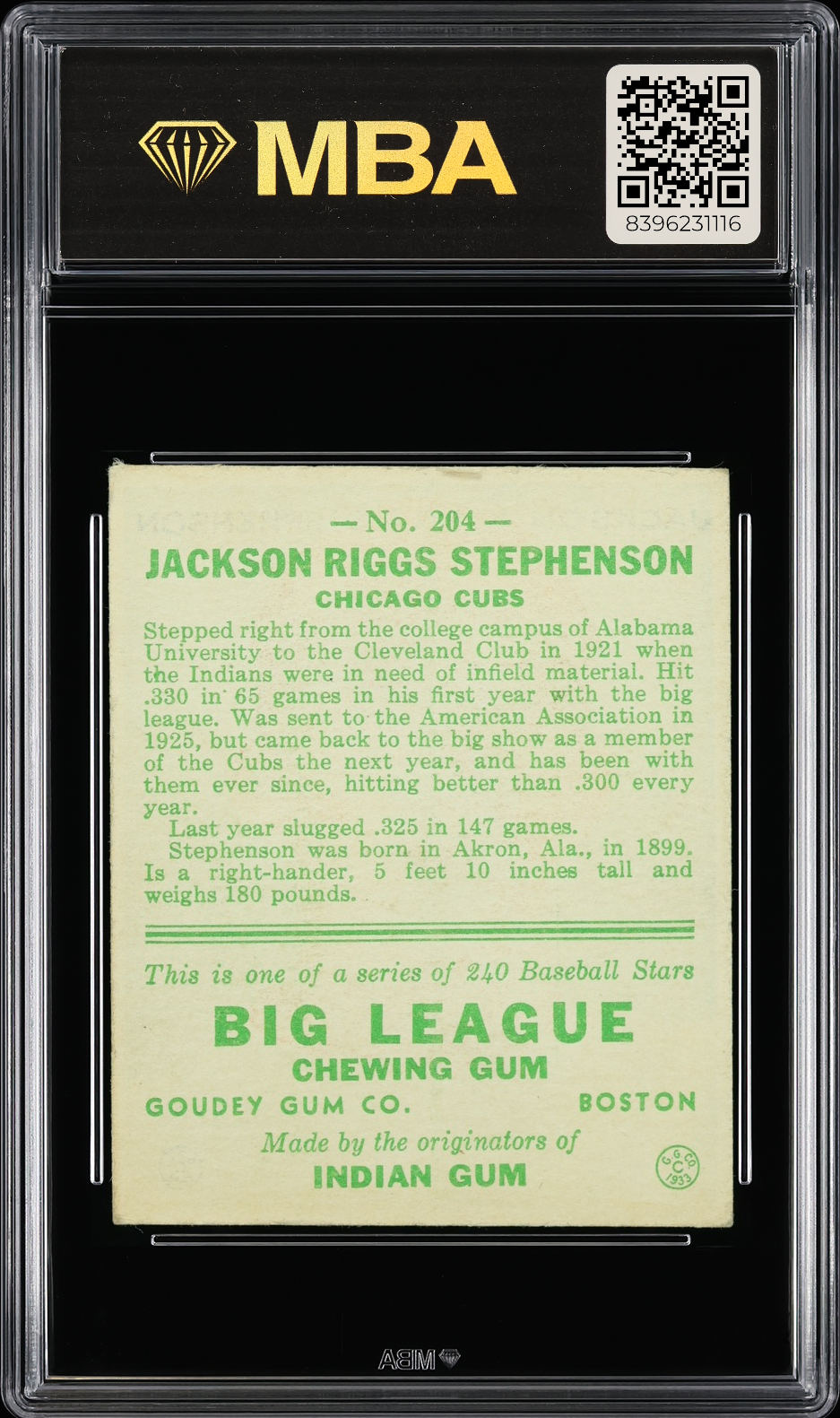 1933 Goudey Jackson Riggs Stephenson #204 MBA 4