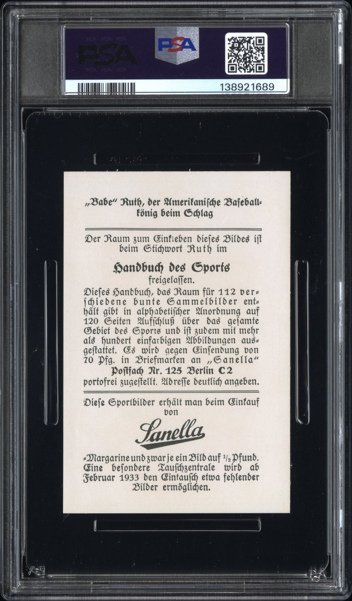 1932 Sanella Margarine Babe Ruth Type 2 At Bottom PSA 4