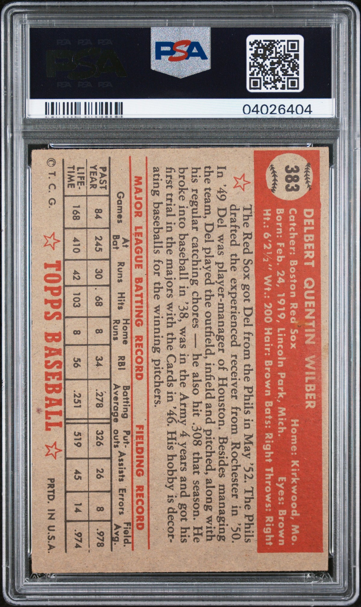 1952 Topps Del Wilber #383 PSA 7