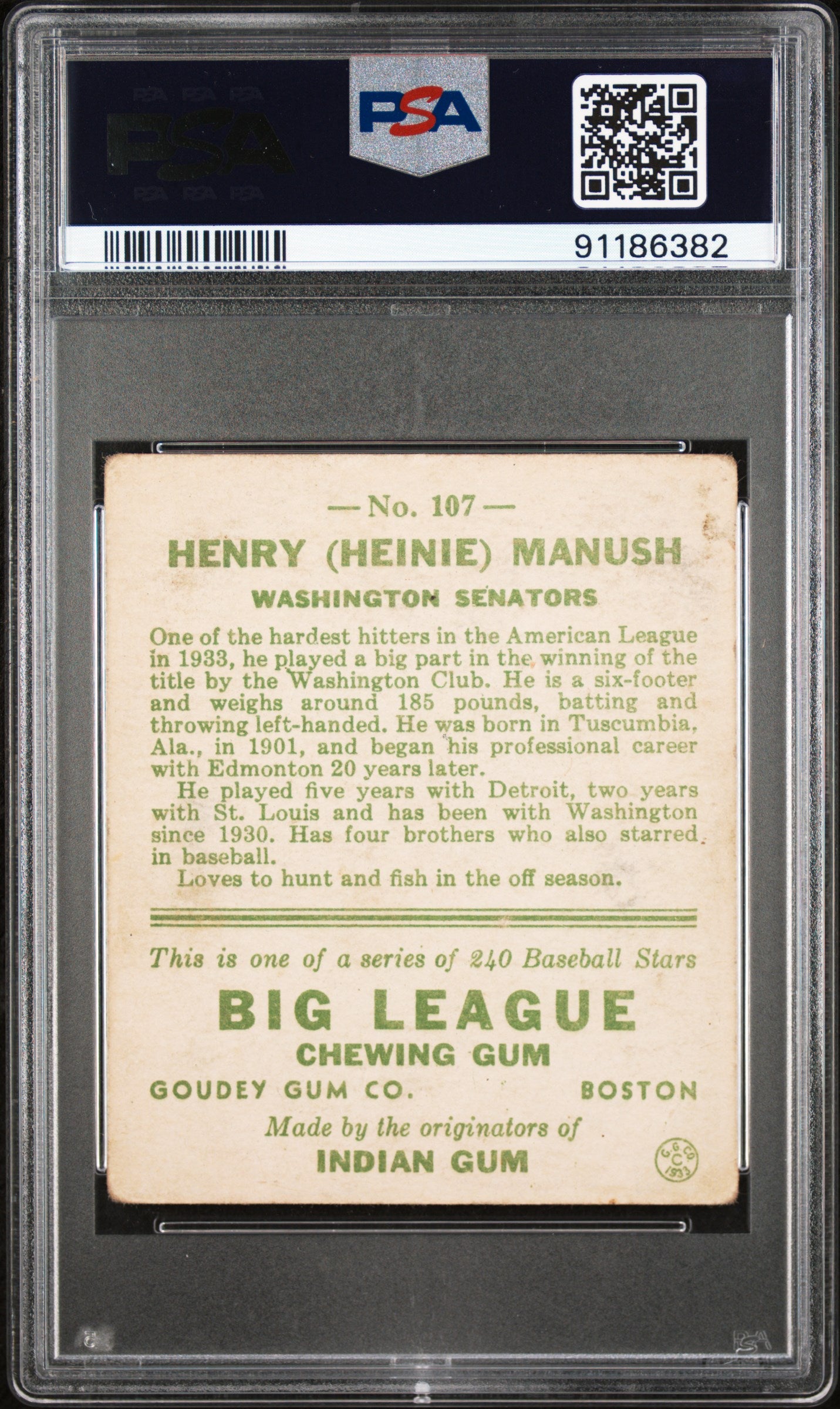 1933 Goudey Heinie Manush #107 PSA 2
