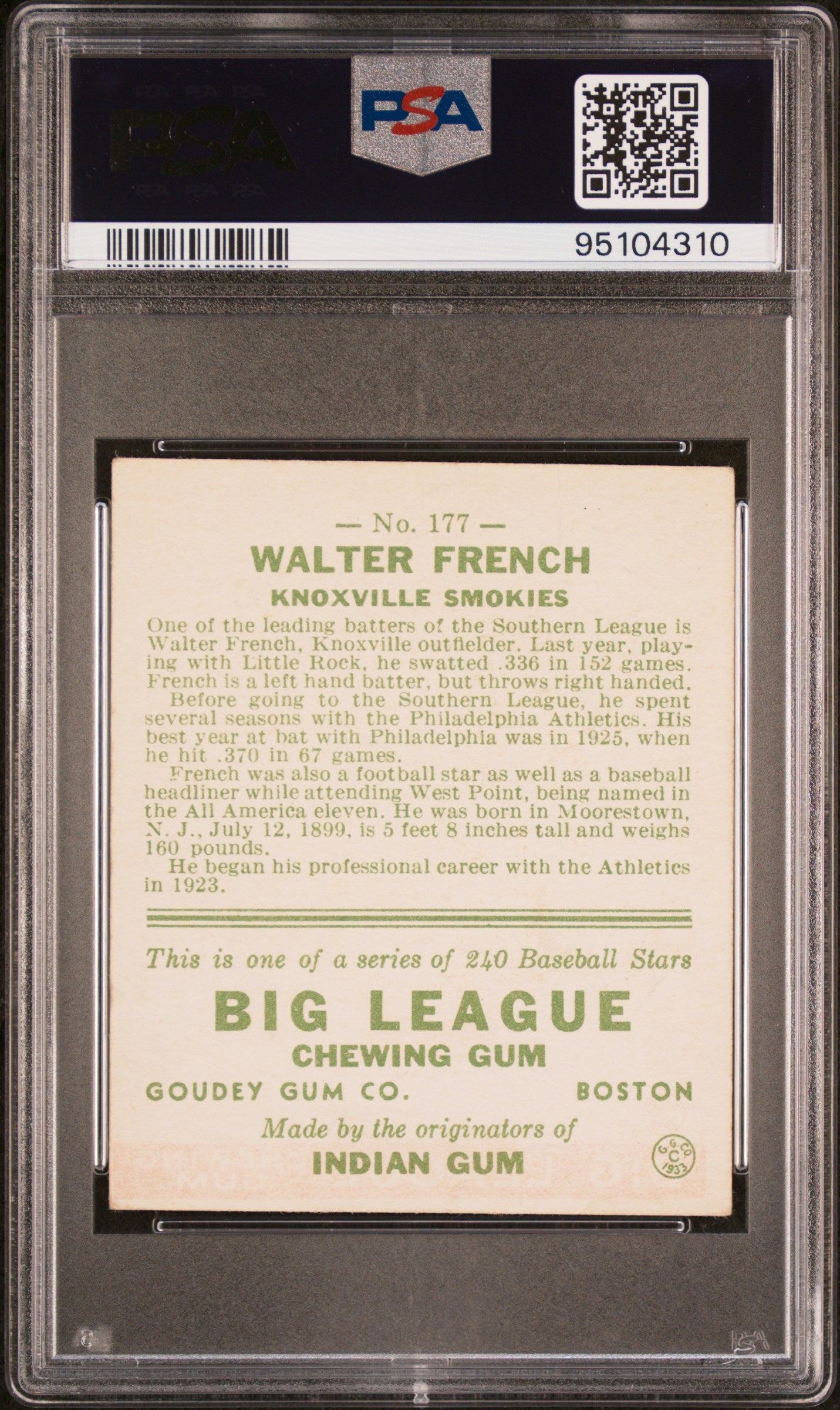 1933 Goudey Walter French #177 PSA 3.5